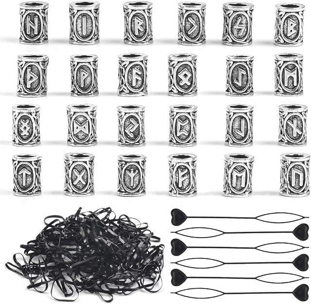 DODUOS 24PCS Hair Beard Beads Braiding Bead Norse Viking Hair Tube Runes Beads, 6PCS Pull Hair Pin Quick Beader and 200PCS Rubber Bands, Dreadlock Bead Hair Accessories for Jewellery Bracelet Necklace