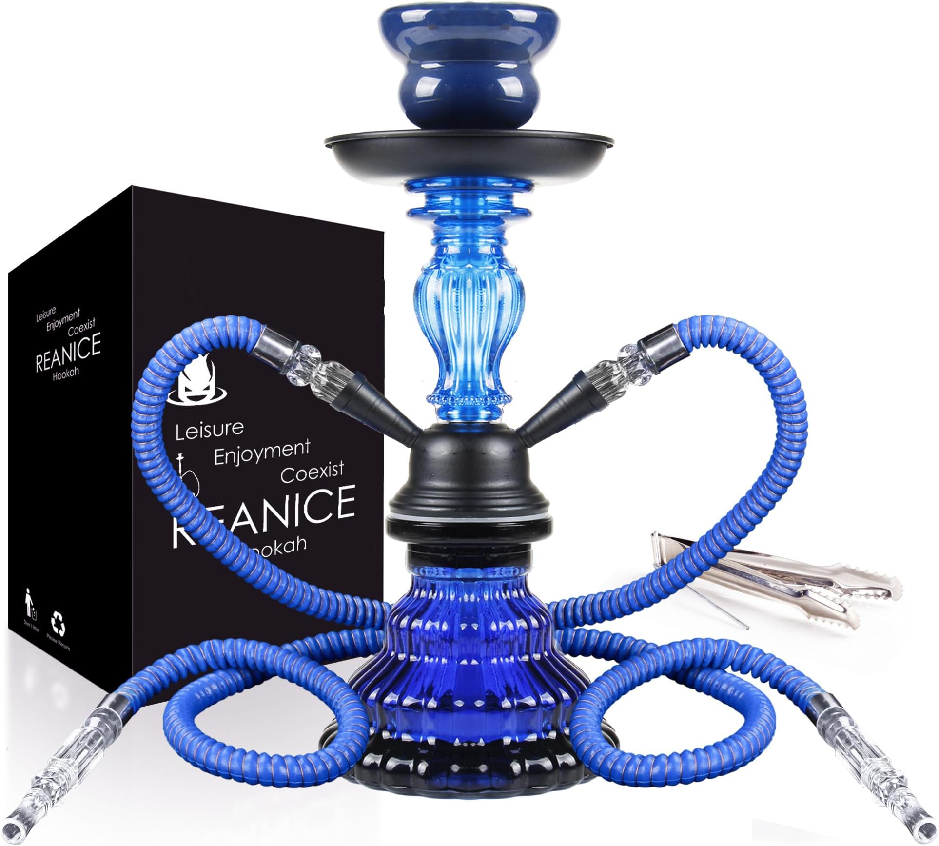 REANICE Hookah 11" 2 Hose Complete Set Silicone Tube Ceramic Bowl Hookah Blue Smoking Glass Shisha with Heat Management System