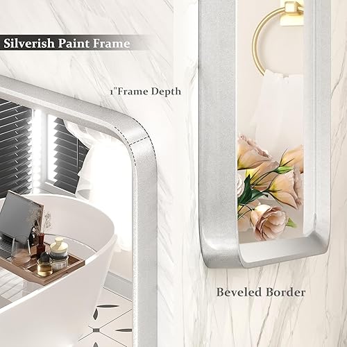 Miniatura 2 de GOLOMO Espejo de baño plateado de 16 x 20 pulgadas para pared, espejo con marco de metal plateado cepillado, espejo rectangular redondeado para