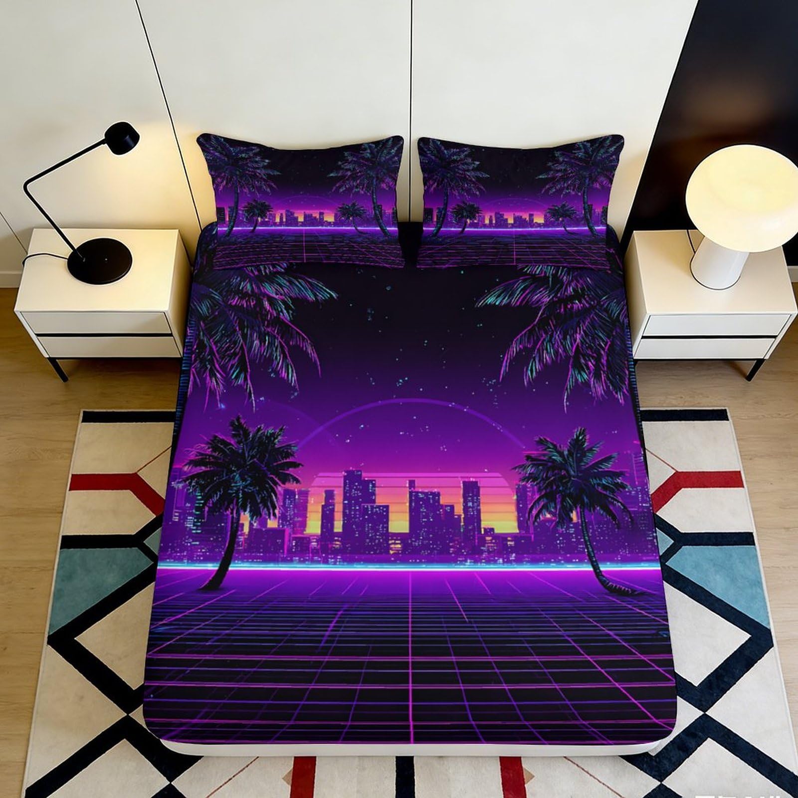 3D Printed Neon Cityscape Fitted Sheet Microfiber Soft Purple Sunset Palm Mattress Cover for Bedroom Dorm Decor 90x200x25cm