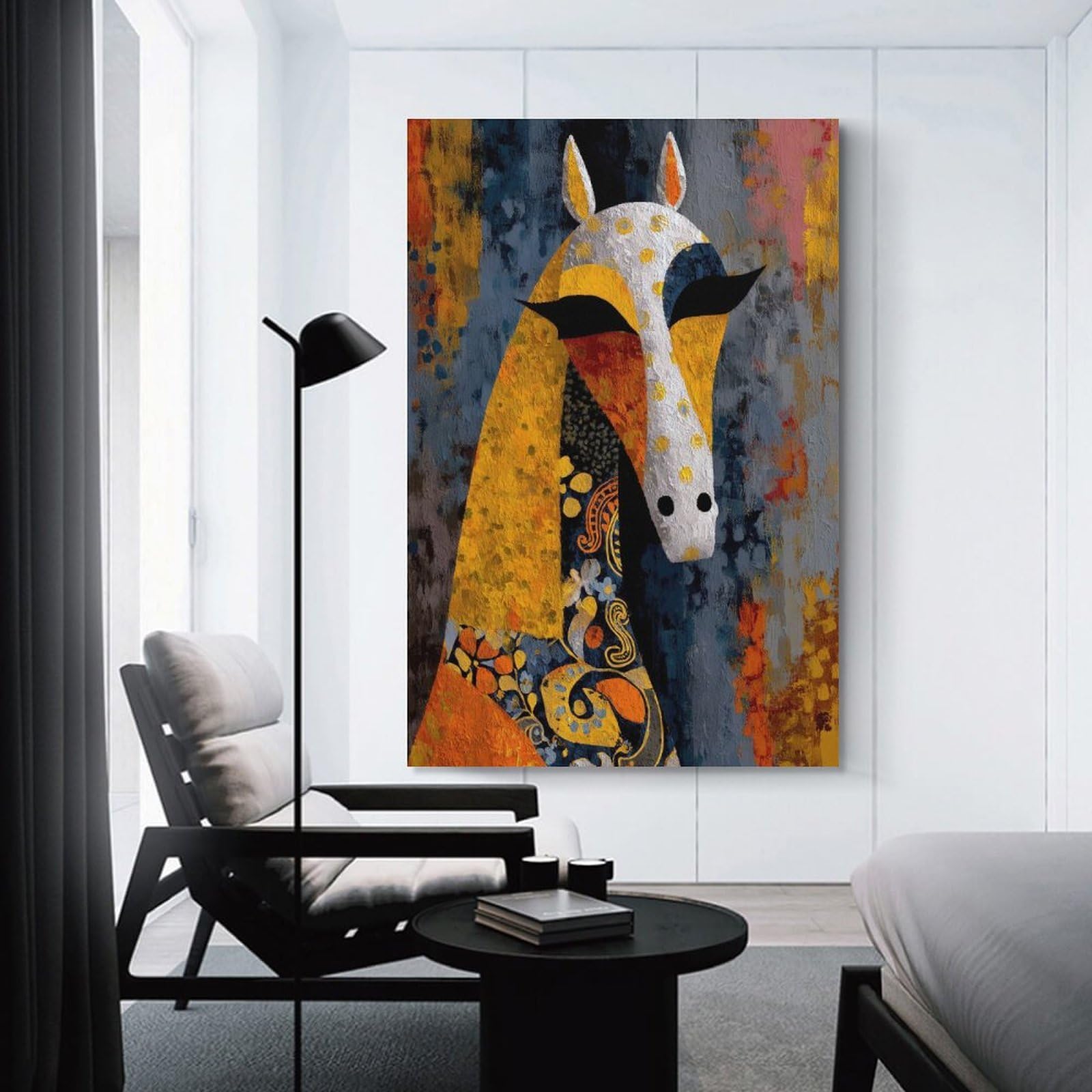 Junmoney Decorative Canvas Print Abstract Horse Portrait with Floral Patterns, 16x24inch(40x60cm), for New Homes, Bedrooms Or Workspaces, Thoughtful Wall Decor for Art Lovers