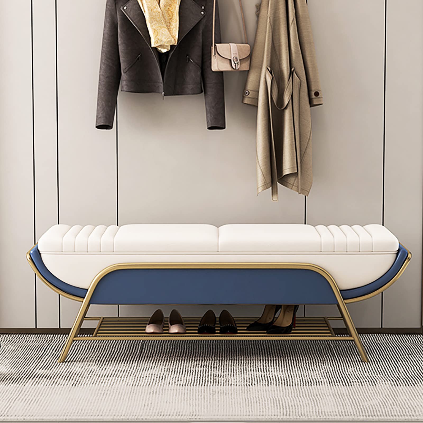 FCXWEVR Multifunctal Sto Bench with Shoe Rack rious Blue Leather Entryway & Bedroom Bench 100 x 40 cm Ideal for Shoe nizat and Slish Home Décor