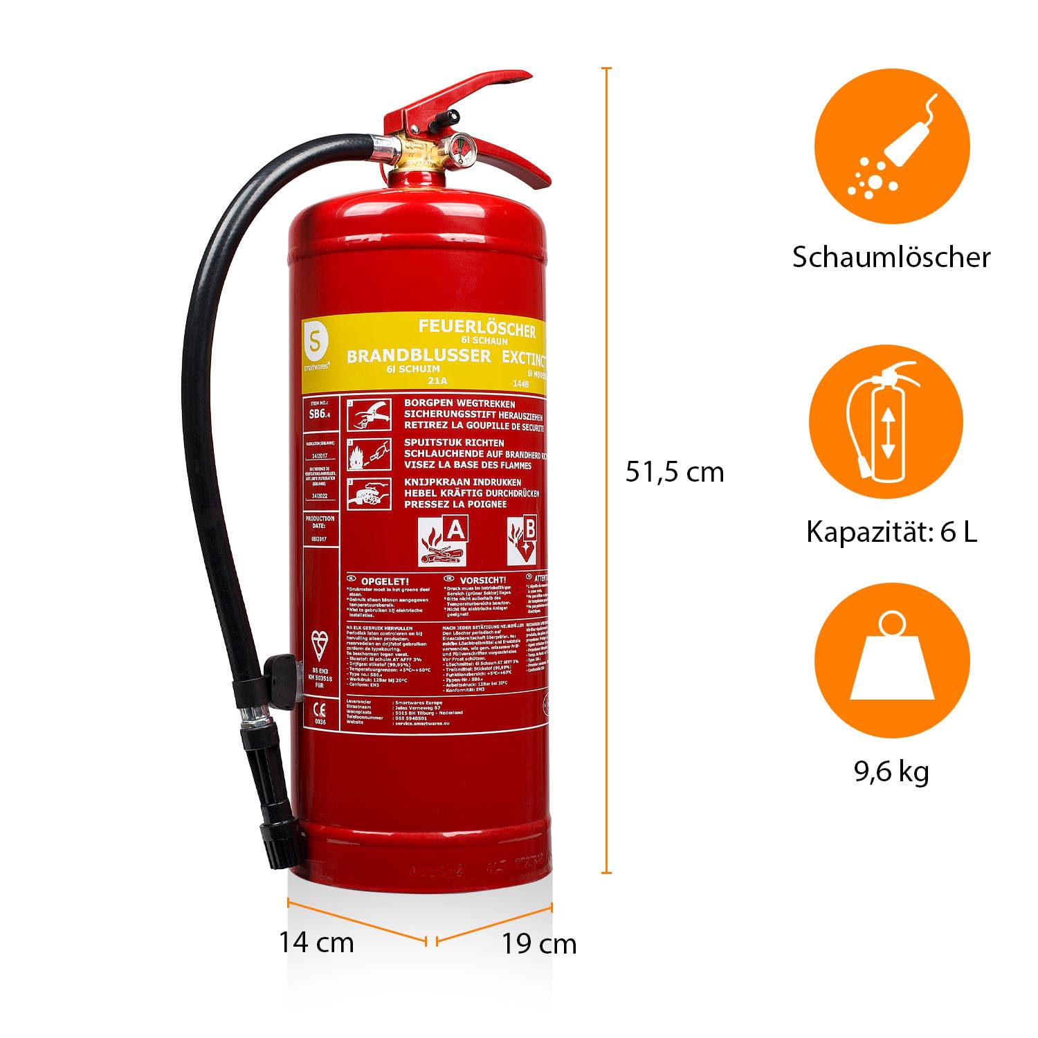 Smartwares FEX-15266 Schaum-Feuerlöscher, Rot