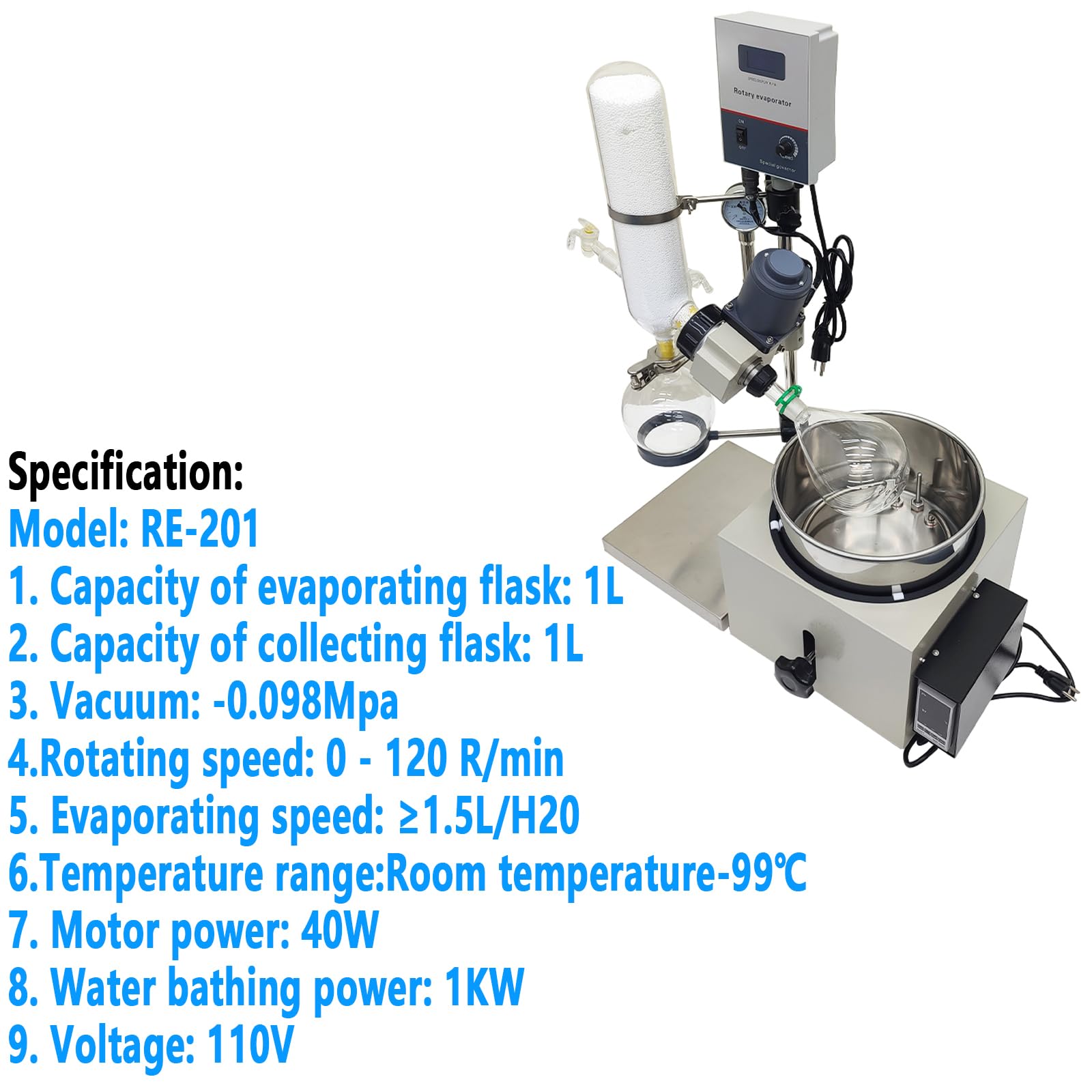 WYDDDARY 2L Manual Lifting Rotary Evaporator with Water Bath 0-120 RPM Rotation Speed Rotavapor RE-201 Lab Evaporation Equipment 1L Collect Flask 110V