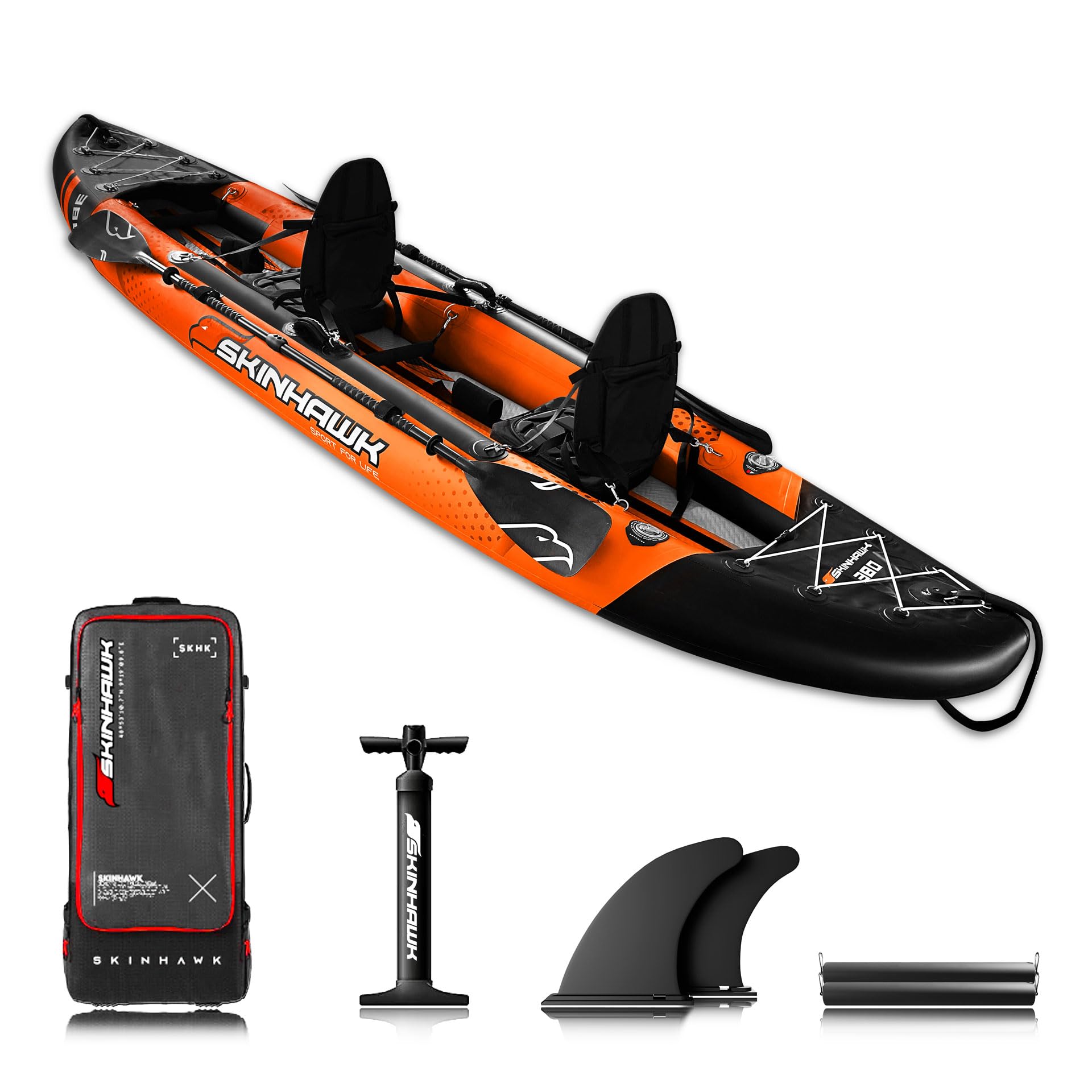 SKINHAWK Exclusiv Orange Kajak Set 380 – Schlauchboot – Kanu - 380 x 96 cm - 2 Personen Kajak