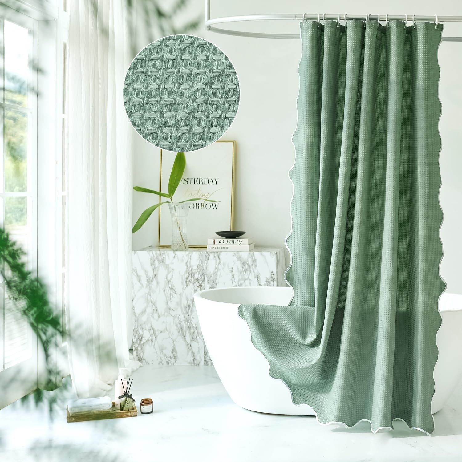 Sage Green Scalloped Shower Curtain,Boho Preppy Shower Curtains for Bathroom,Fabric Shower Curtain with 230GSM Waffle Wave,72 x 72 Inches Waffle Sage Green 72"W x 72"L (Pack of 1)