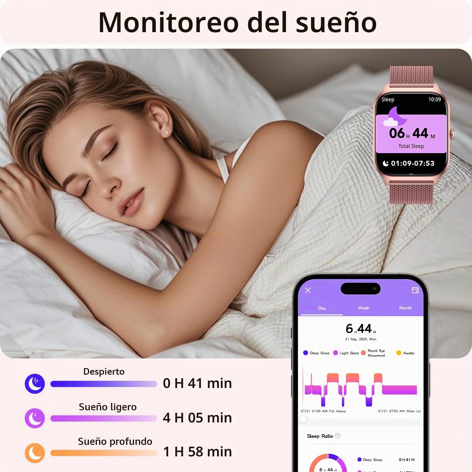 CASCHO Reloj Inteligente Mujer,1.85" HD Smartwatch con Llamadas,120+ Modos Deportes, Monitor Cardiaco y Sueño, Whatsapp Llamadas Bluetooth, Regalo Mujer, Android/iOS, Oro Rosa