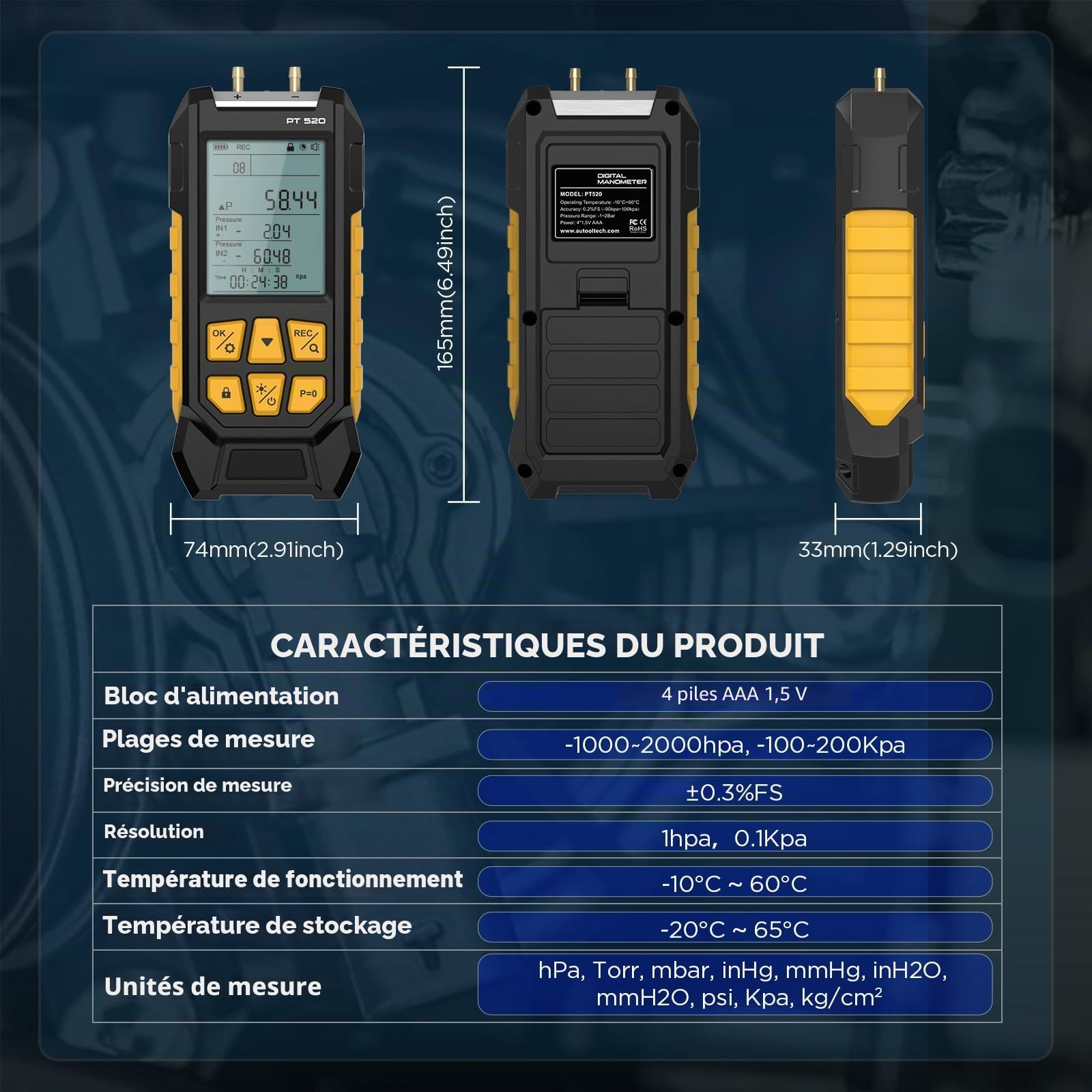 PT520 Manomètre numérique de pression d'air -100-200 KPa Résolution 0.1 pression d'air 10 unités différentielles Manomètre numérique de pression de gaz HVAC à double port avec écran LCD rétroéclairé