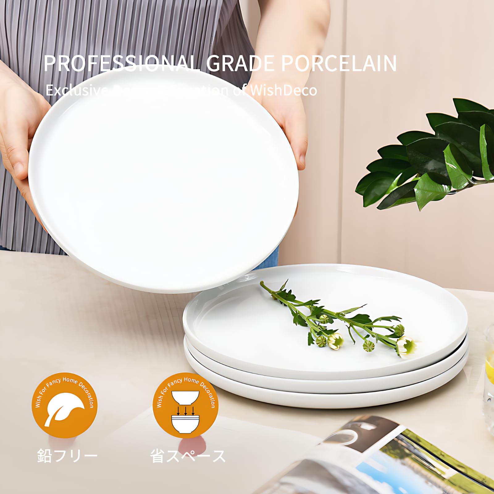 Minimalist White Ceramic Dinner Plates, Set of 4
