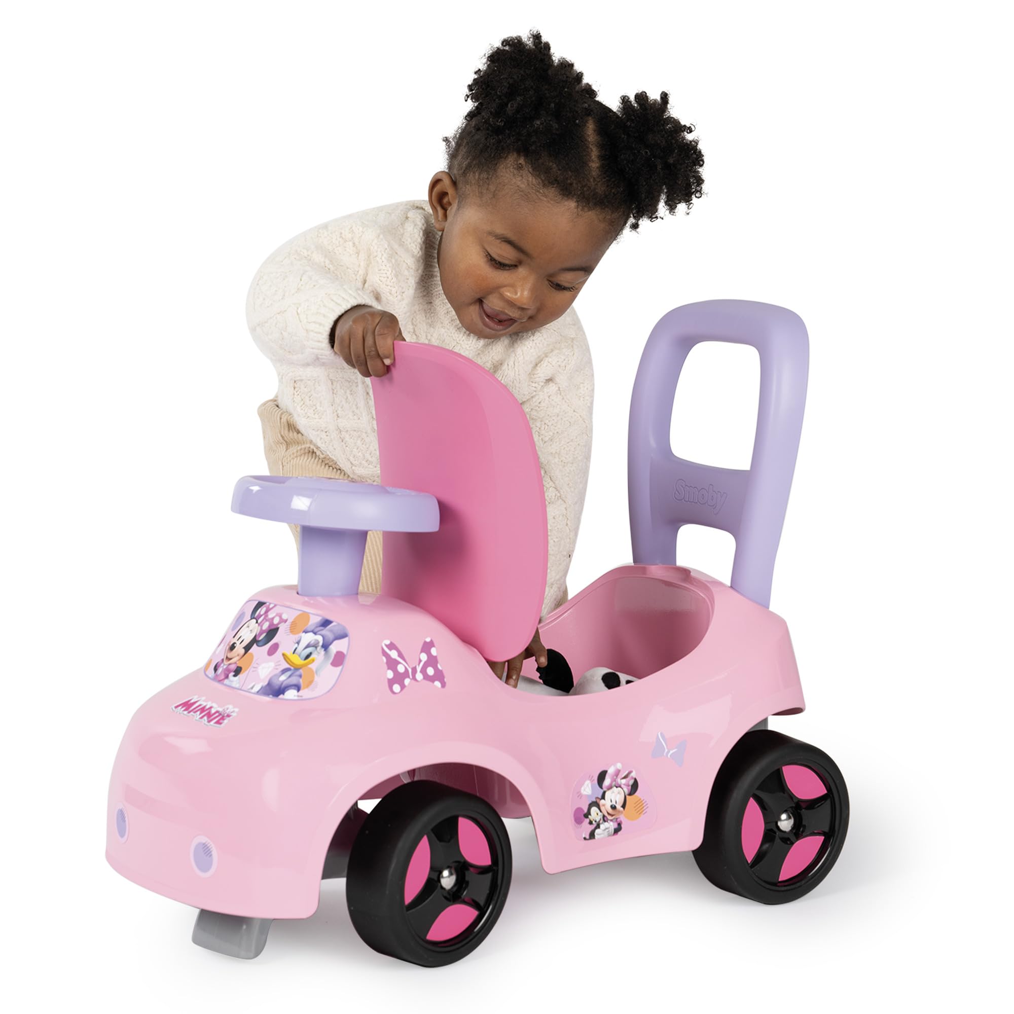 Smoby - Coche correpasillos Minnie - Función Andador - Ayuda para Caminar - Volante - Caja de Juguetes - Confianza, coordinación y motricidad - A Partir de 10 Meses - Fabricado en Francia