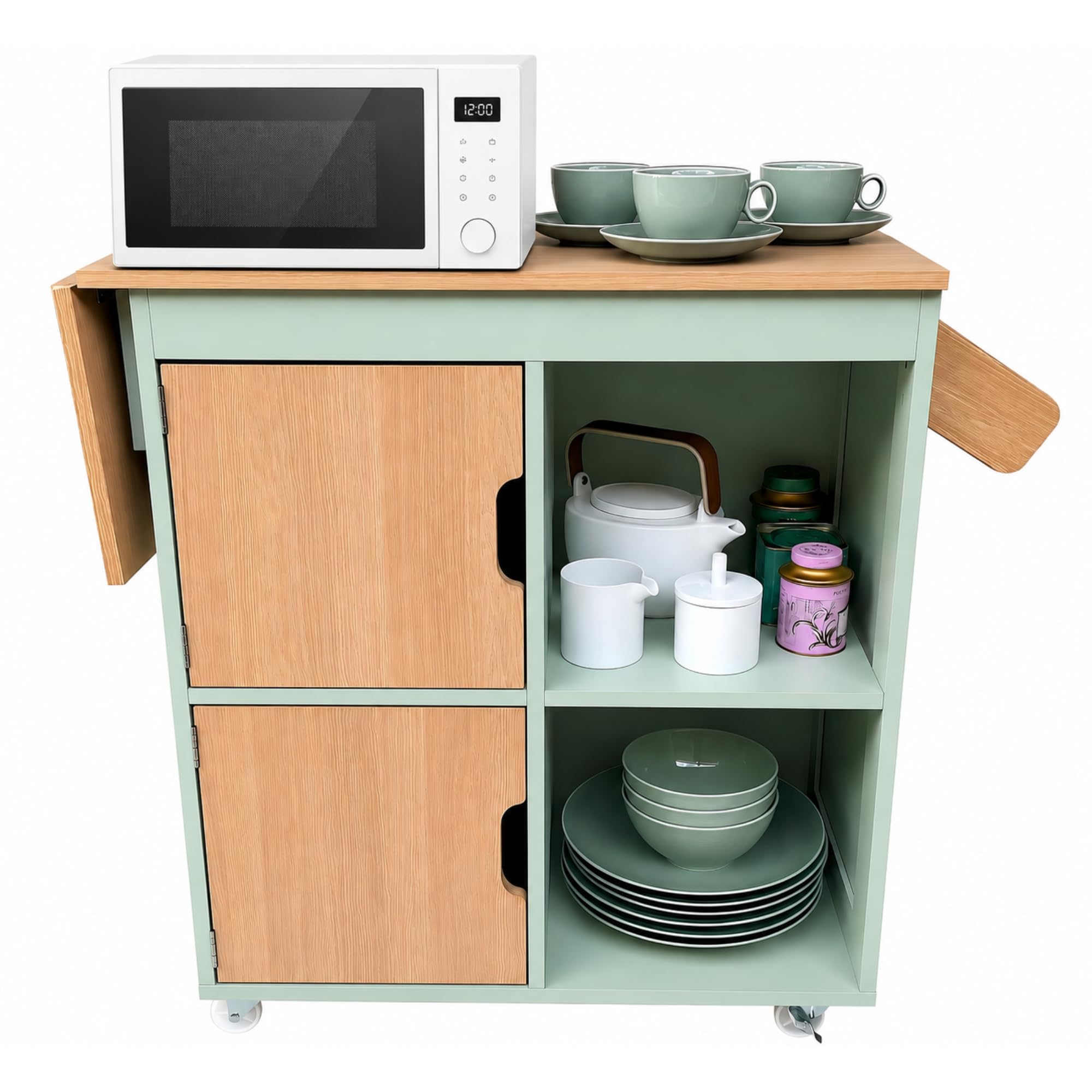 Isla de Cocina con Ruedas, Carrito de Cocina de Madera Verde, Mueble Desayunador Pequeño Auxiliar con Encimera Extensible, Armario Móvil para Cafetera y Microondas