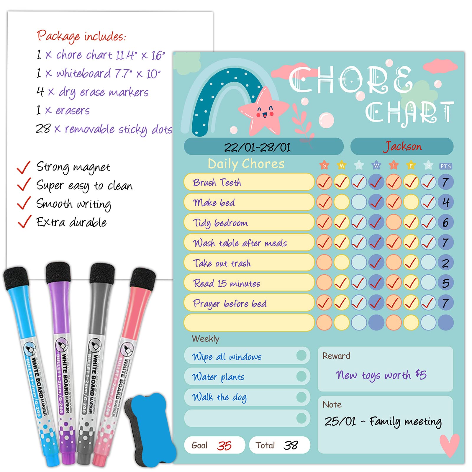 Buy Nardo Visgo Magnetic Chore Chart for Kids, Colorful Dry Erase Good ...