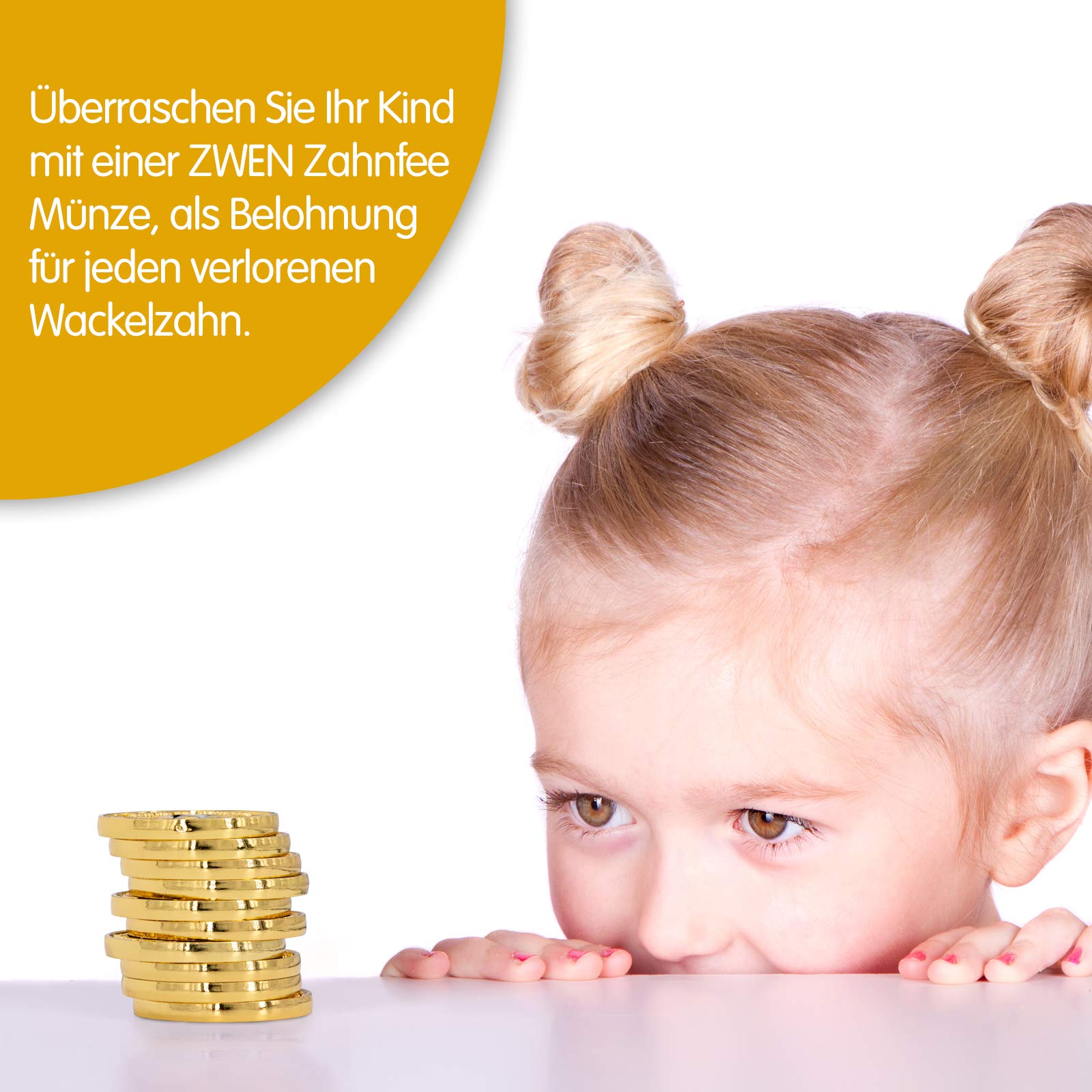 ZWEN Zahnfee Münzen gold 10 Stk - Zahnfee Geschenke für Mädchen + Jungen | Zahnfee Münzen + gratis E-Book mit 20 Zahnfee Geschichten für alle Milchzähne - Süße Münze als Zahnfee Geschenk
