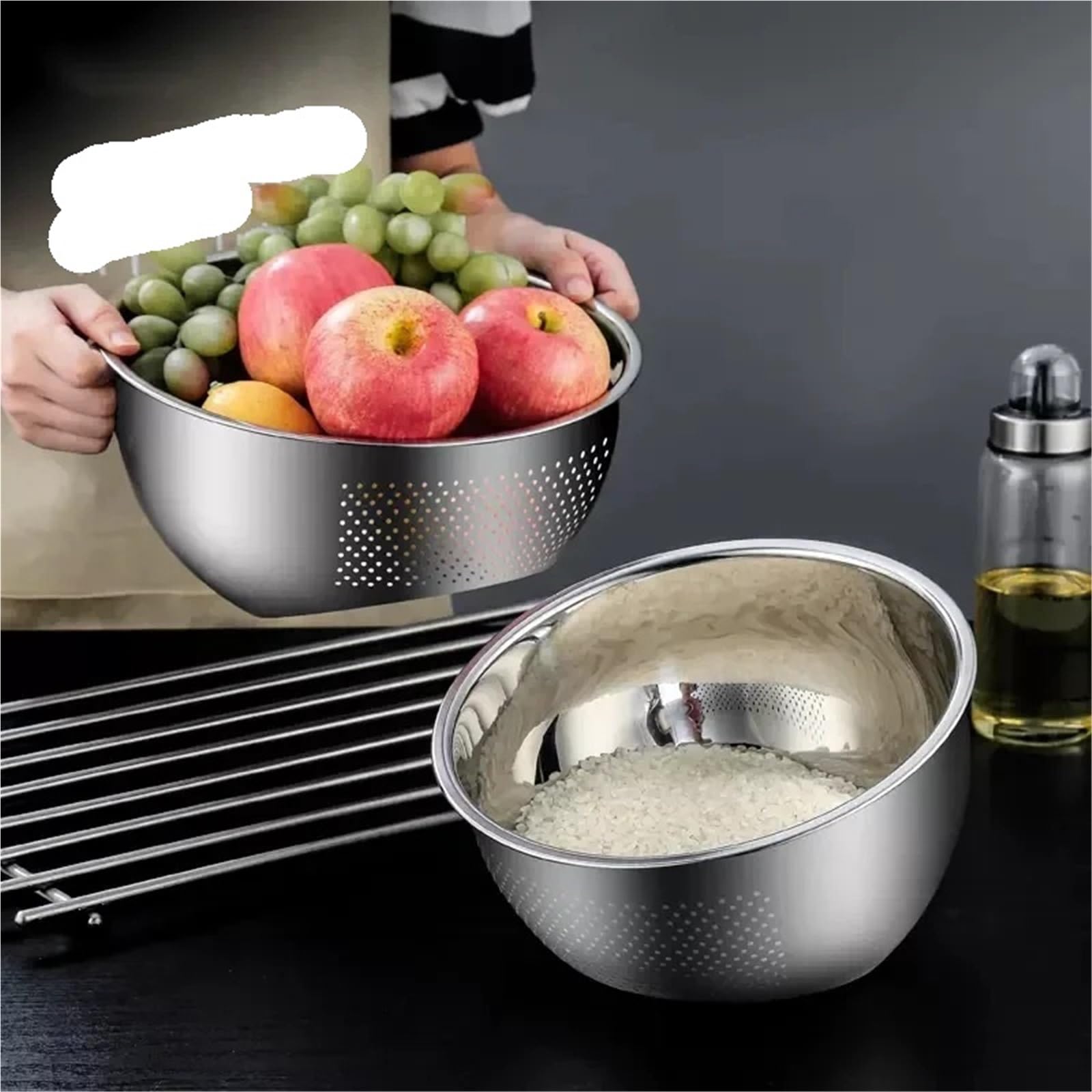 Colador De Arroz De Acero Inoxidable Cesta de filtro cuenco colador arroz lavado acero inoxidable, cestas coladoras frutas y verduras, dispositivo drenaje fregadero cocina(L)