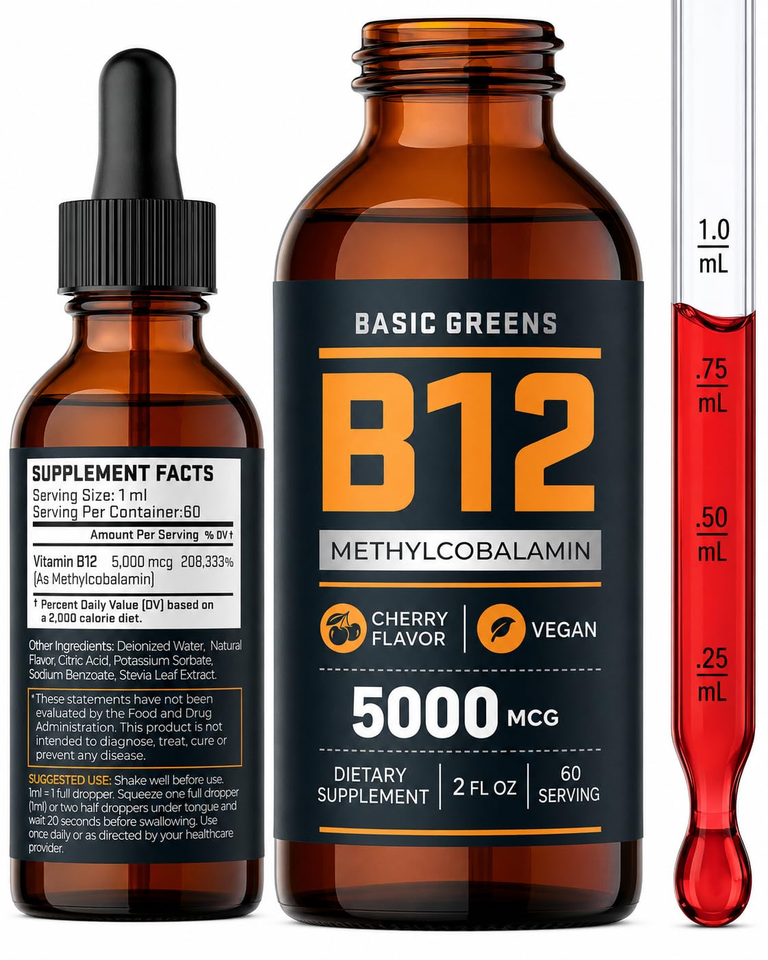BASIC GREENS Vitamina B12 líquida sublingual de metilcobalamina 5.000 mcg, sabor cereja, 60 mL