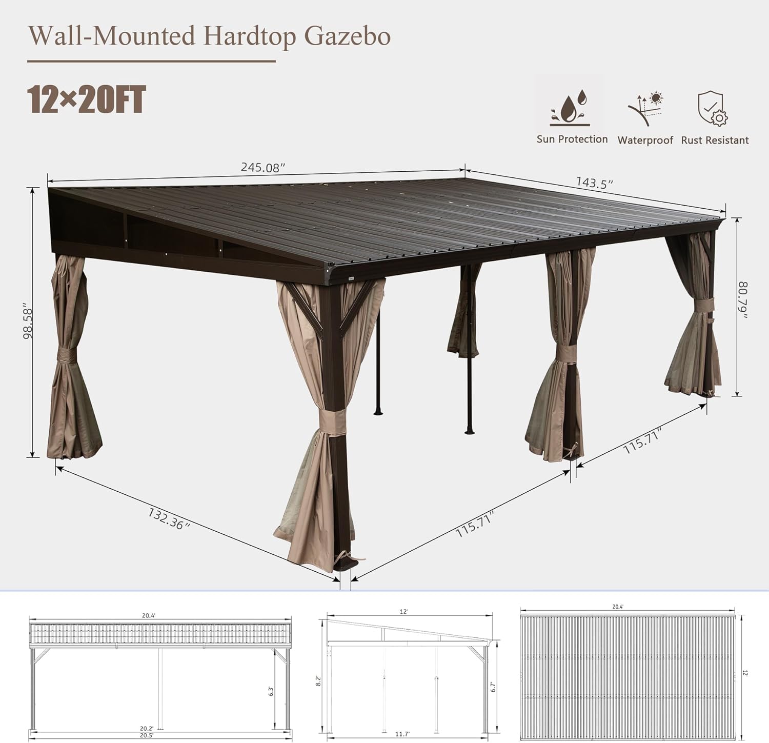 Diagram showing dimensions of the 12' x 20' wall-mounted hardtop gazebo