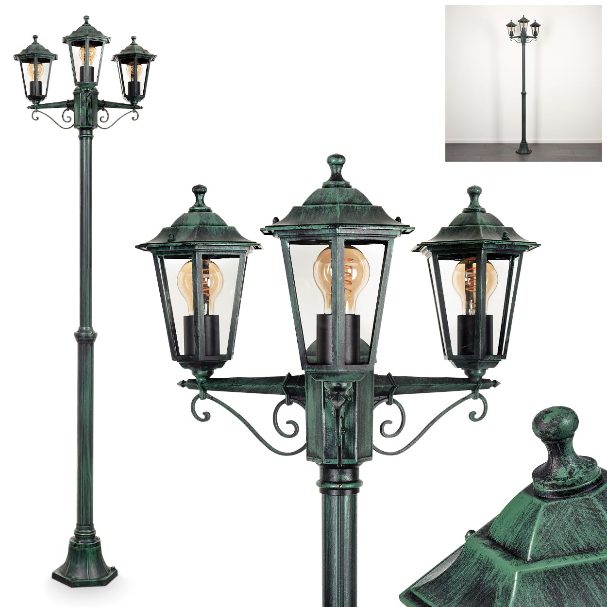 Outdoor Pathway Light Loria, Pathway Light Made of Metal/Glass in Black/Green/Clear, 3-Light Candelabra in Antique Look, Height max. 200 cm, Garden Lighting IP44, 3 x E27, Without Bulbs
