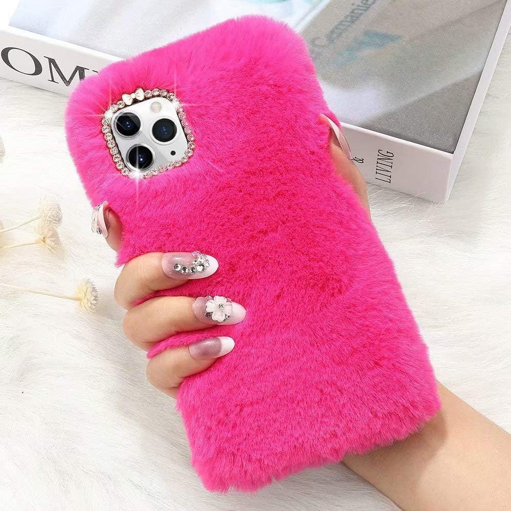 for iPhone 11 Case Cute Girly Faux Fur Case with Chic Bling Crystal Diamond Bowknot Flexible Silicon Soft Fluffy Furry Shockproof Protective Phone Case for iPhone 11 Rose red