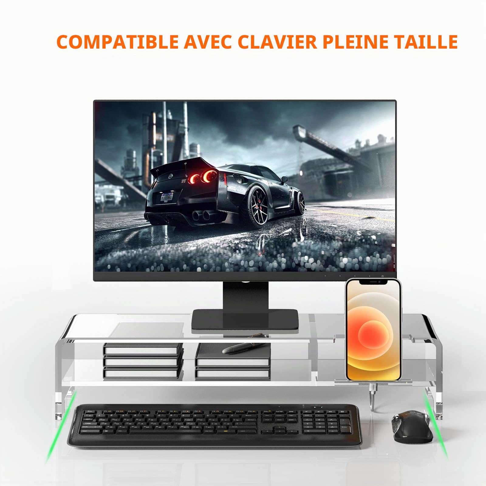 BEYGORM Support de Moniteur en Acrylique, Large 50,8 cm, 2 Niveaux avec Rangement, Organiseur de Bureau, imprimante, Ordinateur Portable, Support d'écran (Transparent)