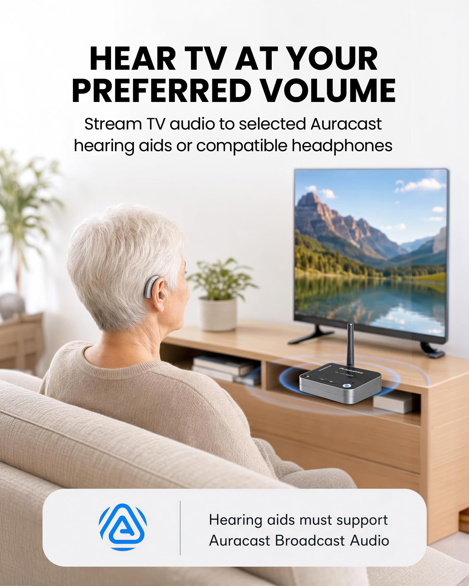 Avantree Audikast 4T - Trasmettitore TV Auracast per apparecchi acustici selezionati | Per apparecchi acustici e cuffie Auracast selezionati, con ingressi Bluetooth 5.4, aptX Adaptive, aptX HD, ottici e AUX