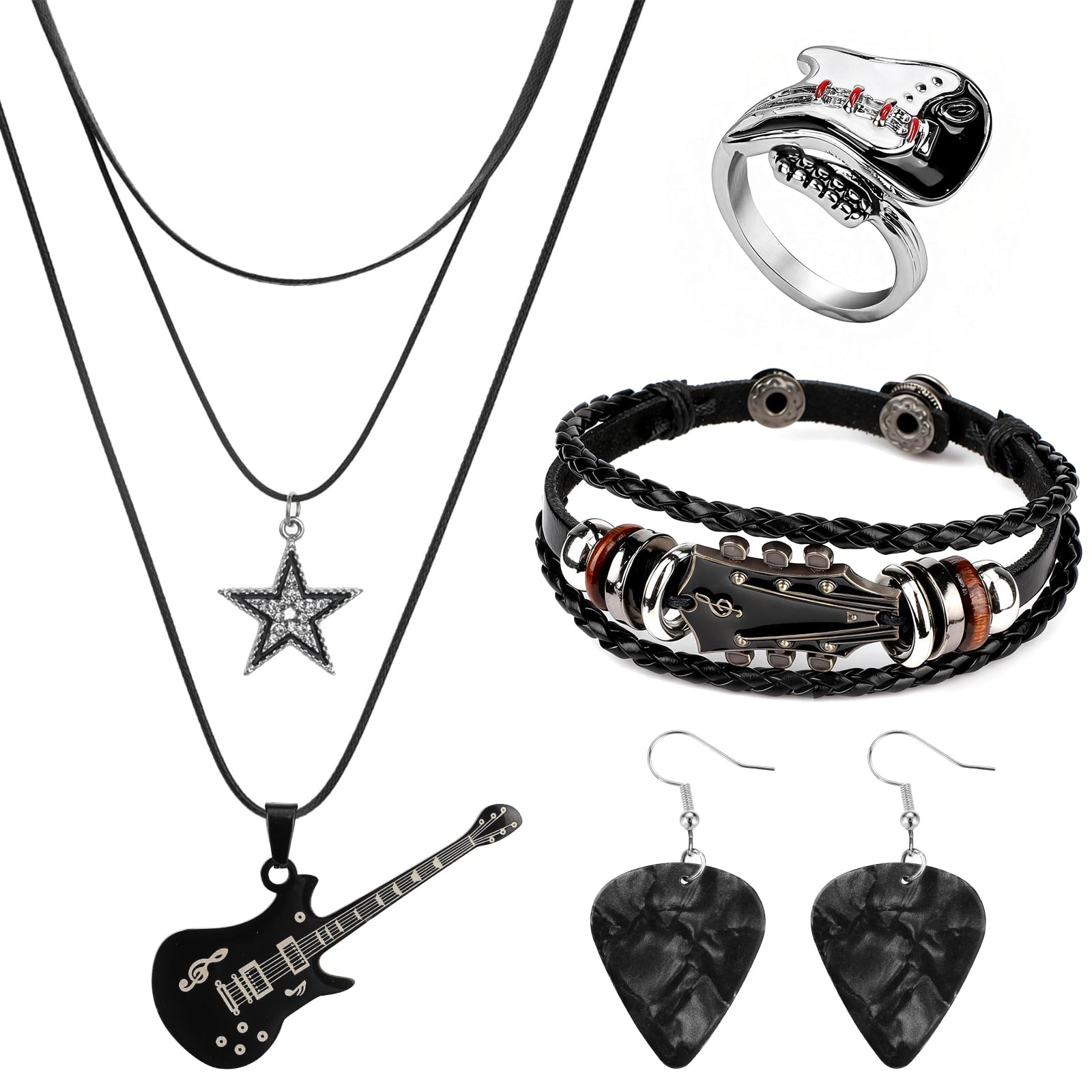 MWOOT Zestaw Biżuterii Punk Music, Warstwowa Kołczyki z Gwiazdą i Gitara Y2K, Retro Skórzany Bransoletka, Pierścionek Punk Rock, Wisiorki z Plektronem do Gitary, Gotyckie Akcesoria na Koncerty