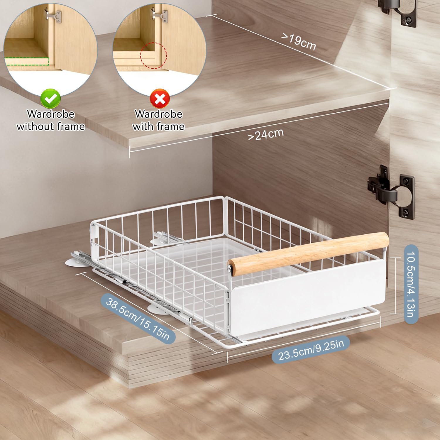 Cassetto estraibile per cucina, 2 pezzi, sistema di cassetti Telescop con estrazione, senza foratura, fino a 25 kg, organizer per cassetti per armadi profondi, bianco, 39,5 x 23,5 x 19/11 cm
