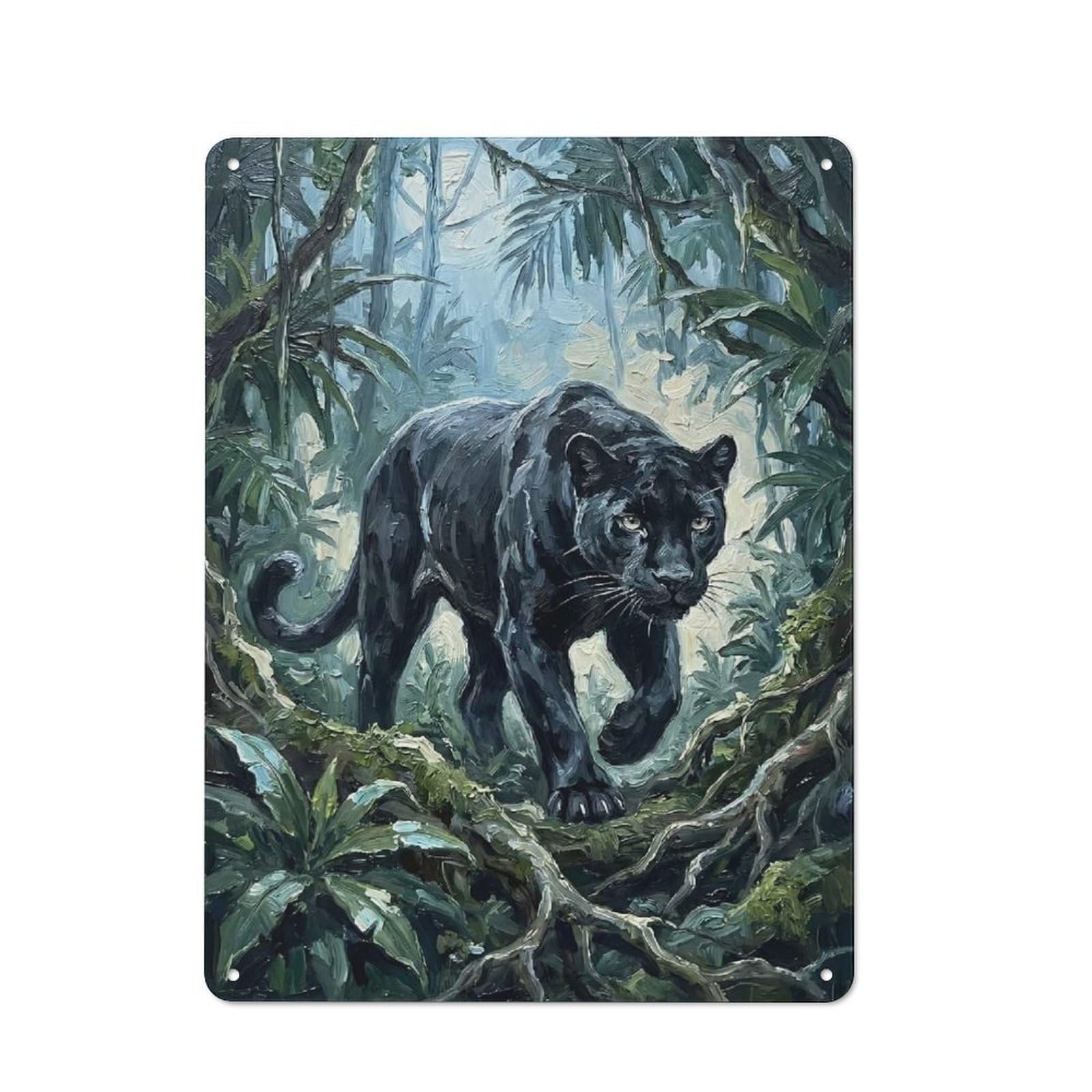 Junmoney Style-3 Tin Wall Plaque 40X30cm With Black Panther In A Lush Jungle For Café Or Restaurant, New Home Wall Decor For Hospitality Interior Collectors