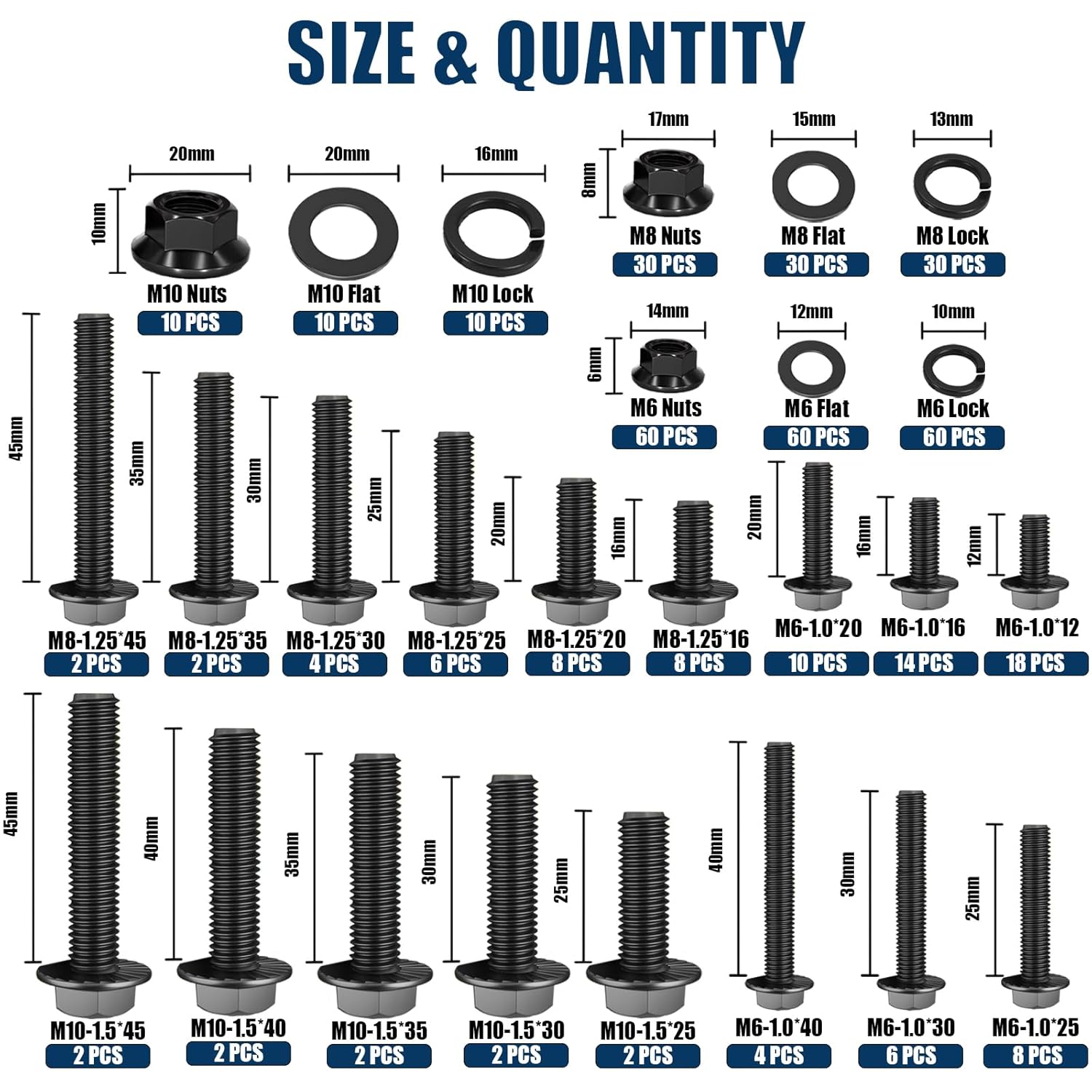 400pcs Metric Flange Bolt Assortment 10.9 Grade Black Hex Bolts M6x1.0, M8x1.25, M10x1.5 (12mm to 45mm) Assorted Nuts and Bolts Washers Kit for Automotive