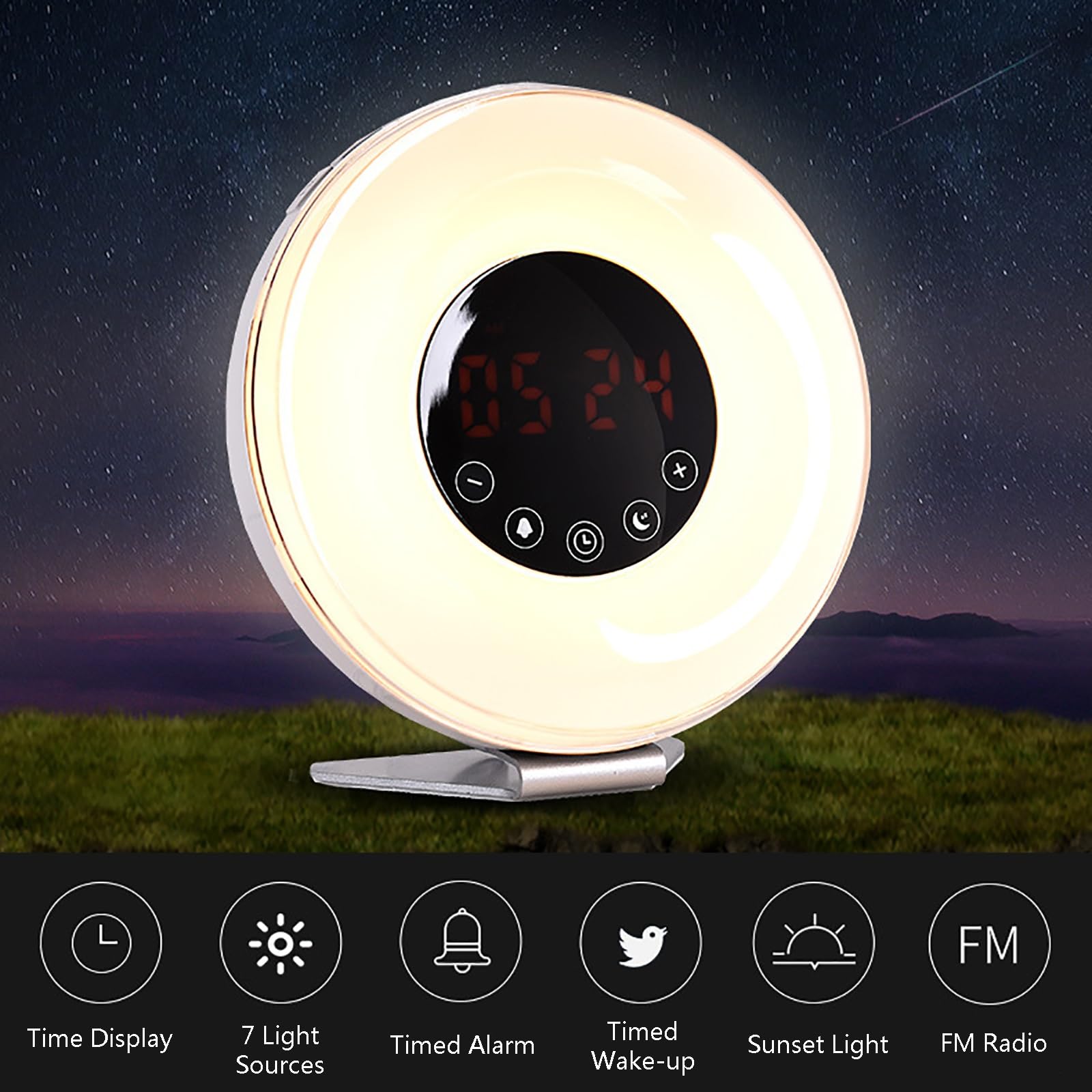 Luce di Risveglio Colorata, Sveglia All'alba, Macchina per Suoni del Sonno a Rumore Bianco, Aiuto al Sonno, Doppio Allarme, Lampada da Lettura, Timer per Il Sonno Pesante, Camera da Letto