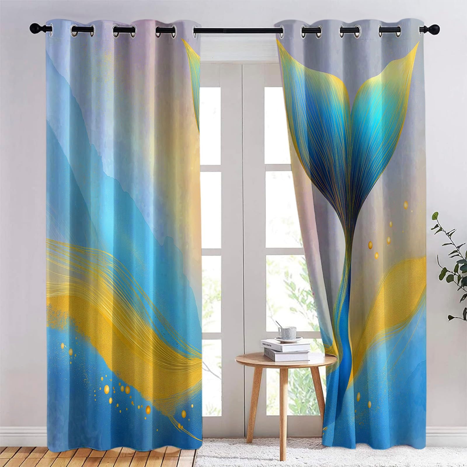 Zasłony termoizolacyjne, 140 x 250 cm, marzycielska zasłona z oczkami z ogonem syreny, pełne światło, blokada pokoju, redukcja hałasu, nadruk do jadalni, sypialni, 2 panele, niebieskie