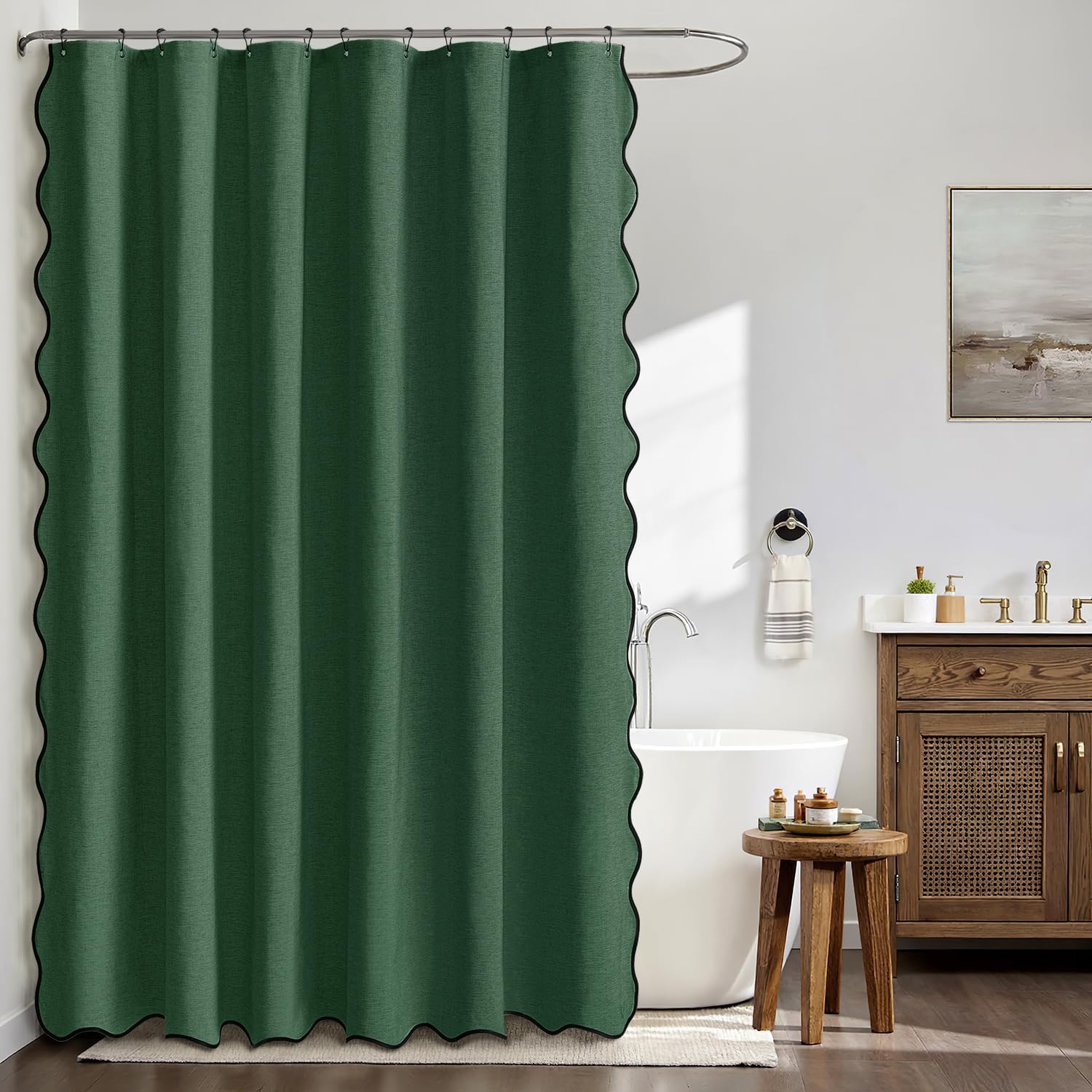 MIULEE Christmas 84" Long Scalloped Shower Curtain Linen Textured with 12 Metal Hooks Cute Extra Long Heavy Duty Washable Waterproof Cloth Curtains with Black Border for Bathroom Hotel,Dark Green Dark Green 72"W x 84"L (Pack of 1)
