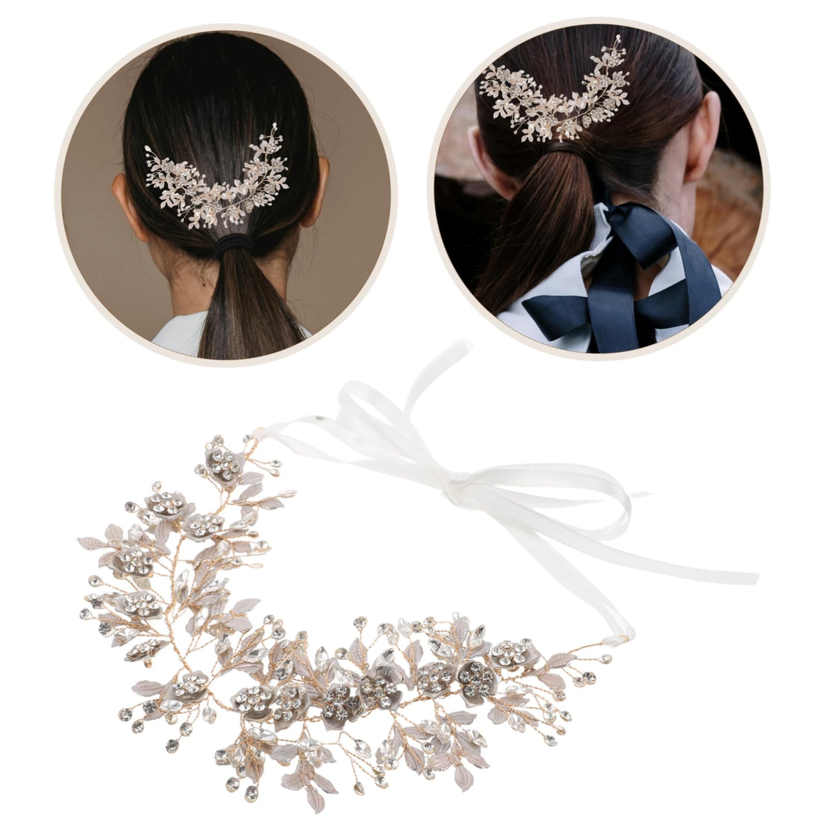 Healvian Fascia per Capelli da Sposa Fiori e Foglie Dorate Cerchietto da Sposa con Cristalli Accessori per Capelli per Damigelle Copricapo Floreale per Feste e Cerimonie