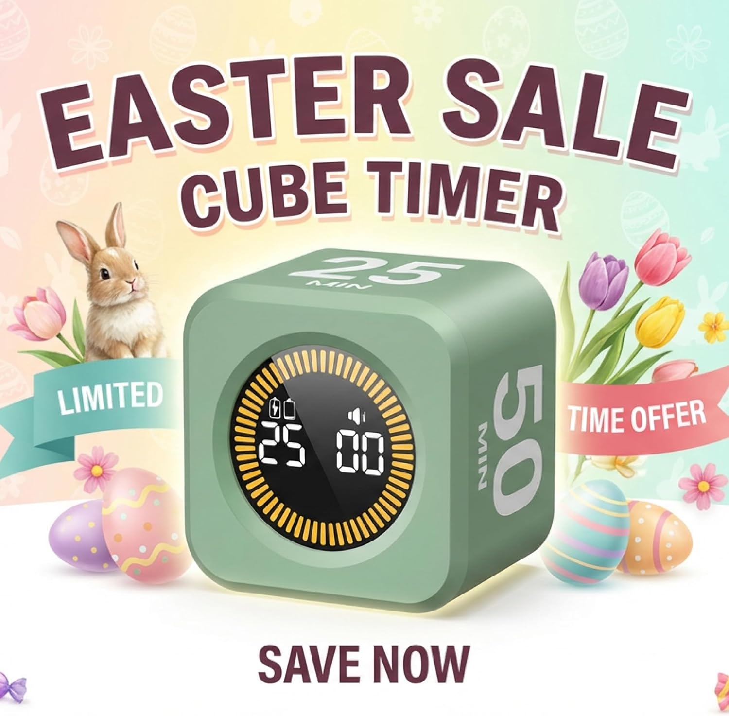 KADAMS Pomodoro Cube Timer Productivity Visual Timer - 5/10/25/50 Min Rotating Countdown (1, Green)