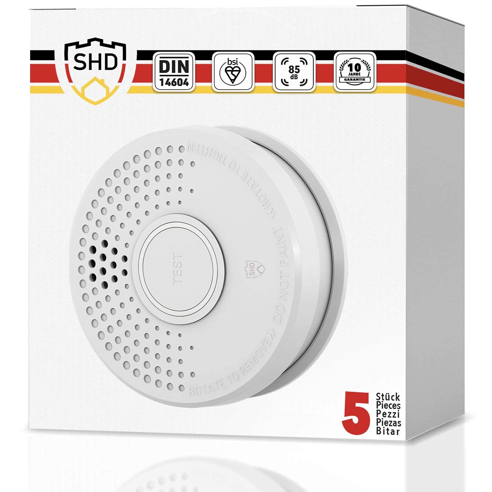 SHD Smoke Alarms for Home, 5-Pack Fire Alarm Smoke Detector, Battery Operated Fire Detectors | 10-Year Warranty Replaceable 9V Battery, DIN EN14604 Tested, BSI certified, Quick Response Time, White