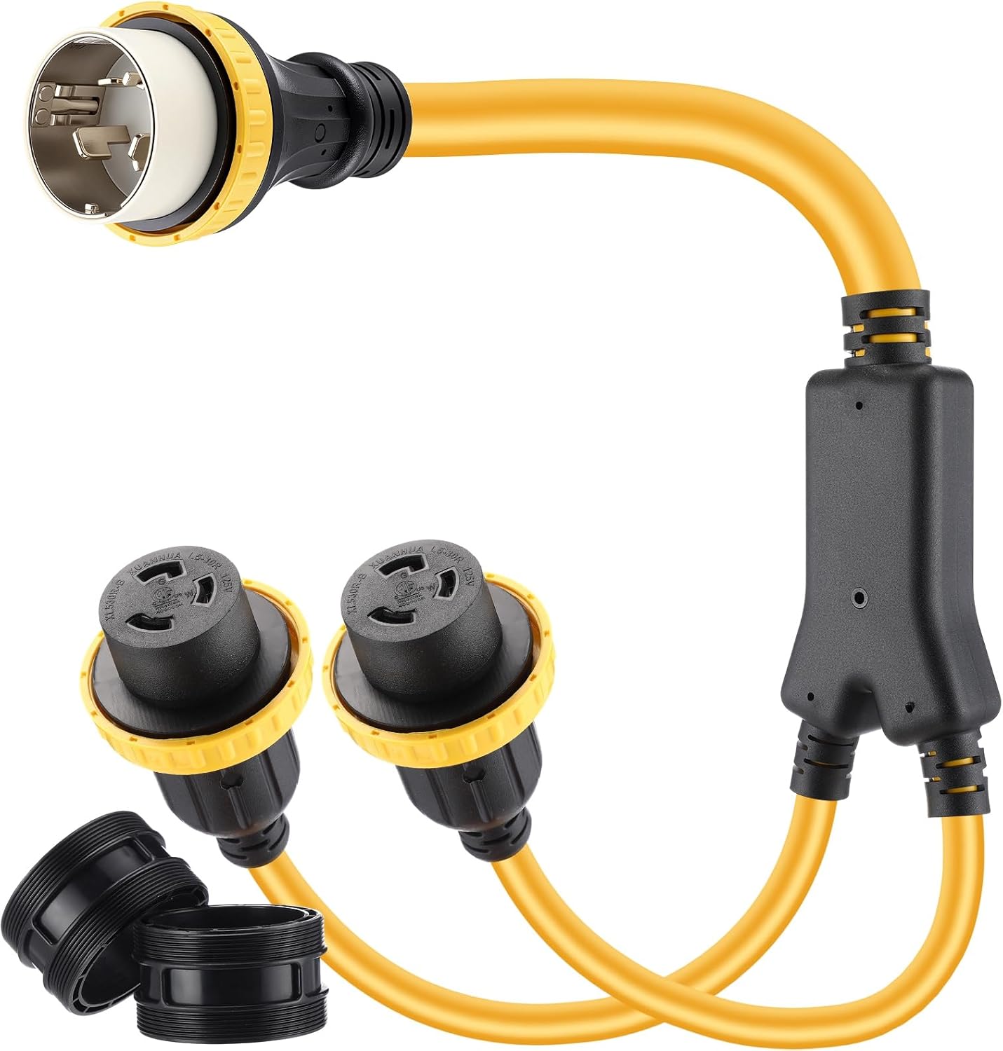 Kanayu 3FT Marine Shore Power Y Splitter SS2-50P Male 50A Plug to (2) 30A L5–30R Female, 50 Amp 125/250v to L5-30r Y Adapter with Locking Ring and Collar