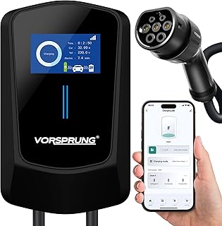 VORSPRUNG® Smart APP LCD EV Charger Wall Box Charging Unit Type 2 - Rapid EV WallBox 32 AMP/7.4KW IP65 Wi-Fi Electric car station with 5m cable, home - outdoor car charging point for vehicles (Black)