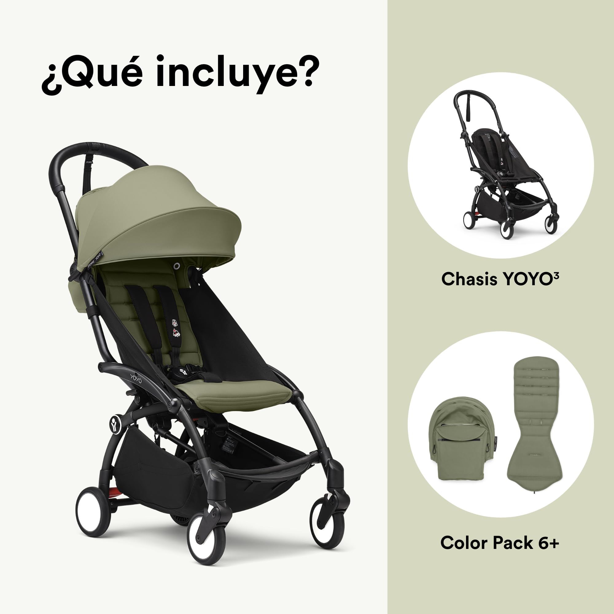 Cochecito Stokke YOYO3 a partir de 6 meses - Incluye chasis negro/cojín de asiento Olive + dosel - Se pliega y despliega en un instante - Ligero y compacto - Compatible con equipaje de mano