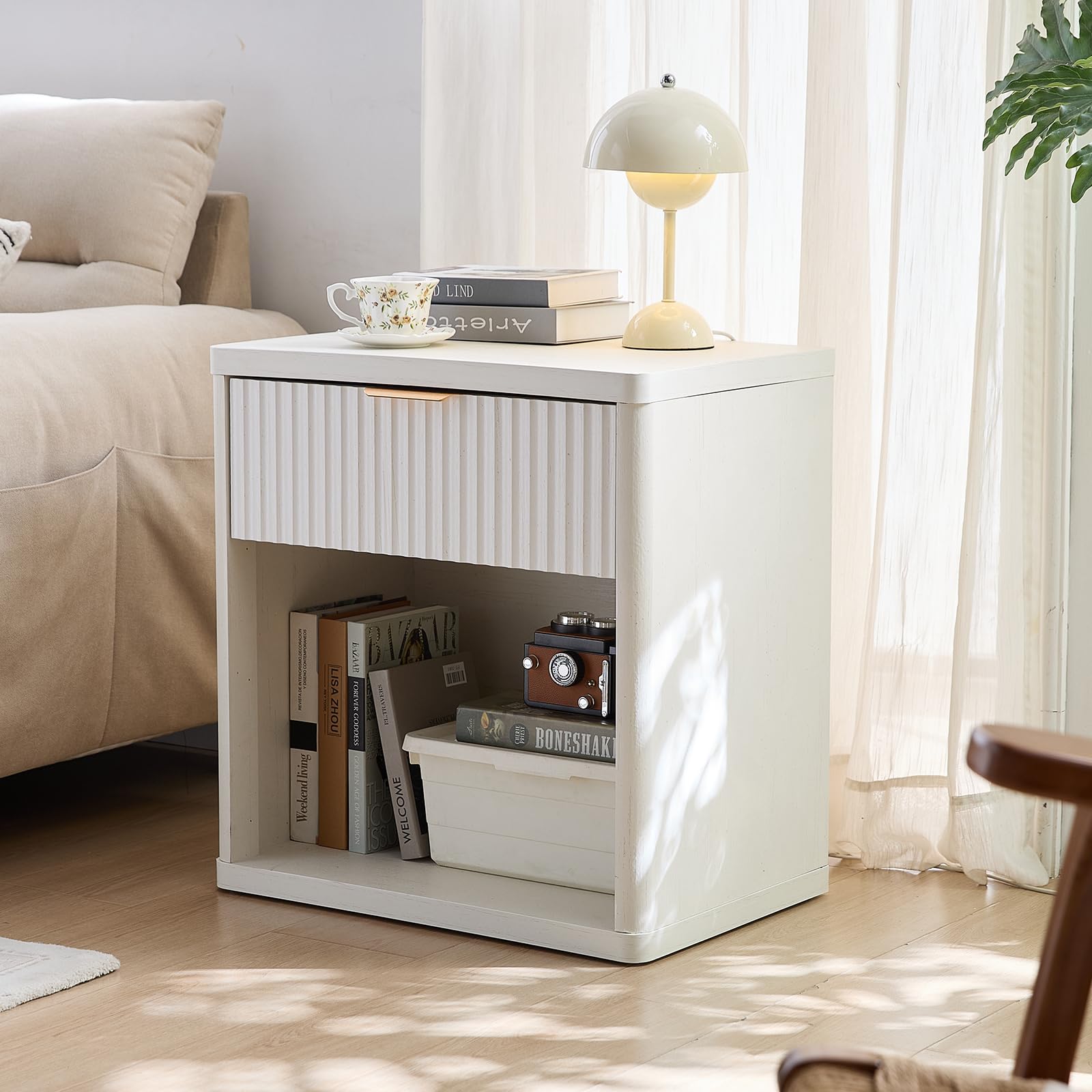 LELELINKY Fluted Bedside Table, Farmhouse Side Table with 1 Drawer, White โ image 1