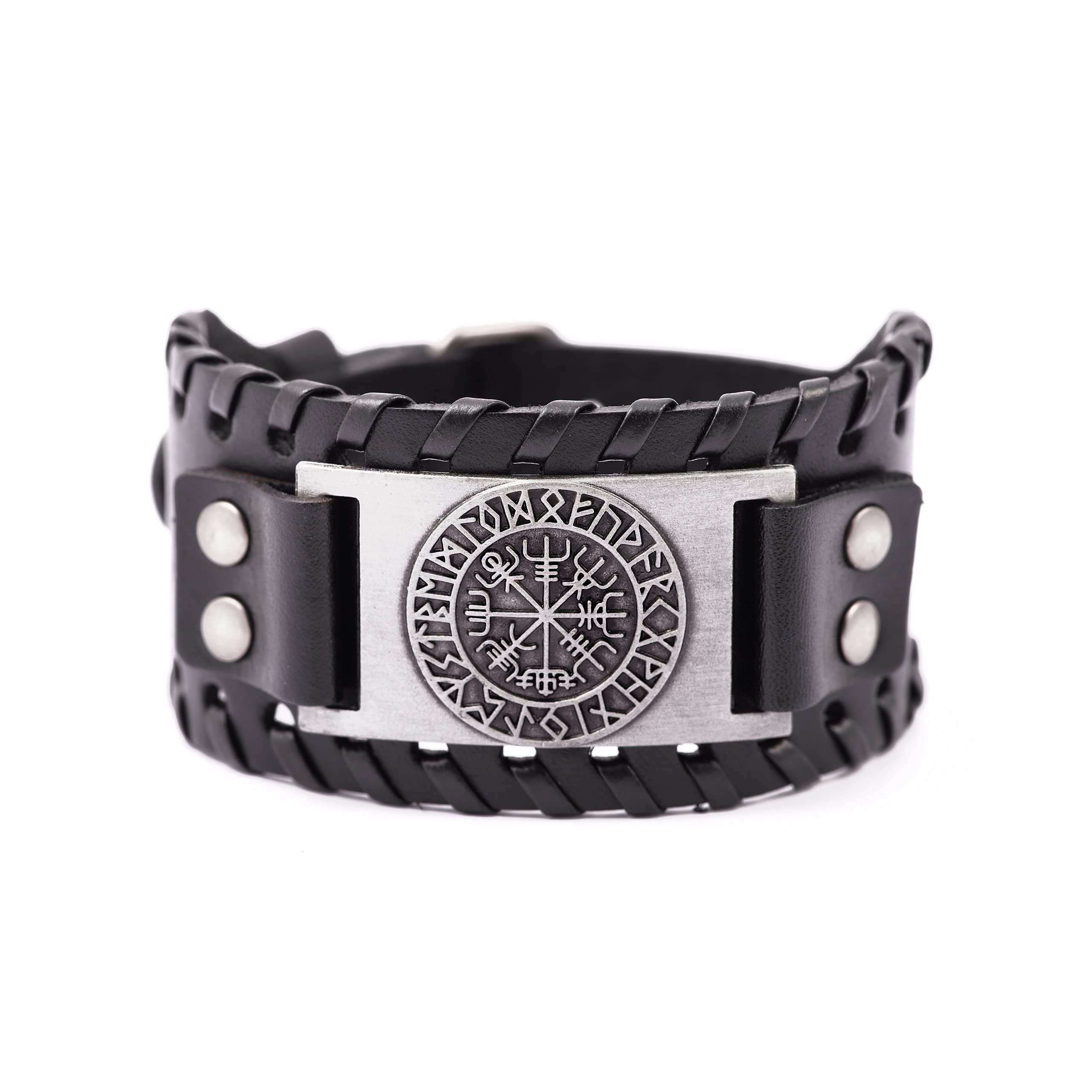HAQUILHAQUIL Viking Wiccan Egytian Black Brown Wide Leather Wristband Bracelet Ancient Medieval Jewelry Gift for Men