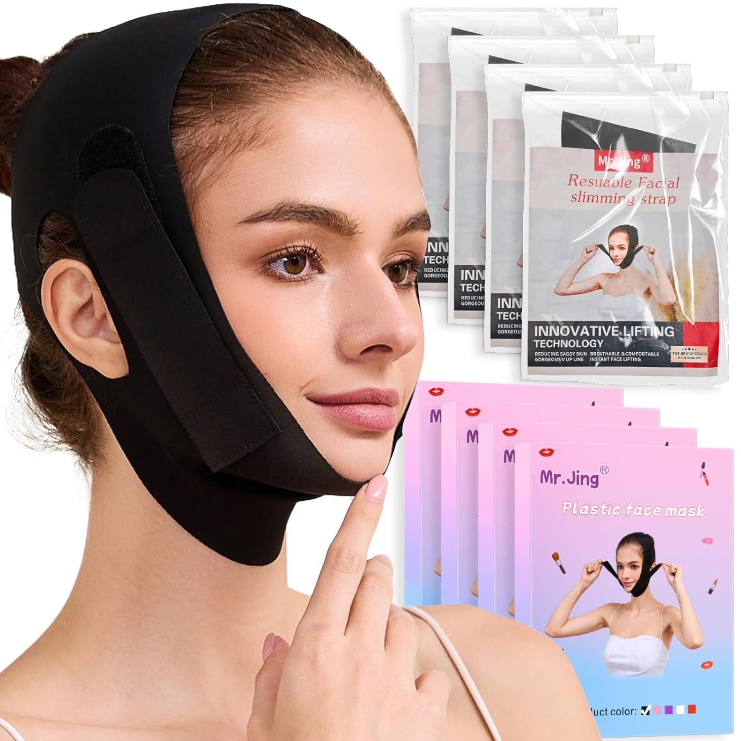 4 Pack Face Slimming Strap, Double Chin Reducer Band, Graphene V-Line Mask Chin Up Mask V Shaped Face Mask Chin strap for sleeping, V-Line Lifting for Women, Medium, 4 Black