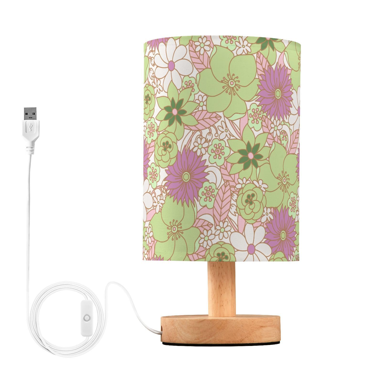Oarencol Bedside Table Lamp Hippie Flower Nightstand Lamp with Wood Pink Green Floral Desk Lamps for Bedroom Living Room Nursery Office Home Decor
