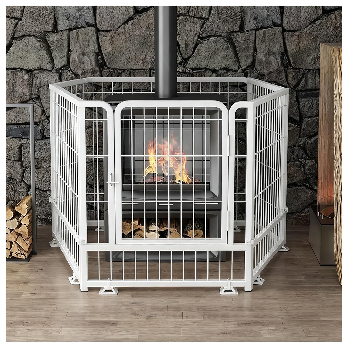Ogrodzenie ochronne dla zwierząt domowych z drzwiami, drewniana osłona kominka, metalowy plac zabaw dla psów, bariera choinkowa, kolor biały, 80 x 80 x 80 cm, idealny dla zwierząt domowych i dzieci