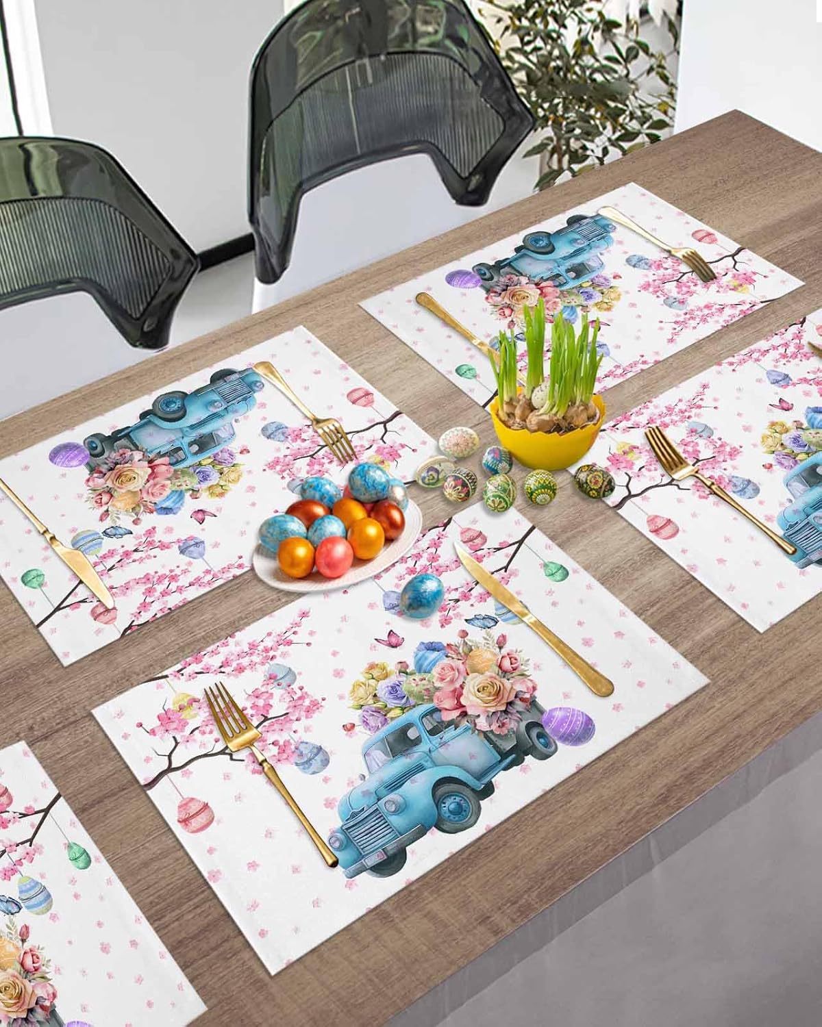 Easter Placemats Set of 6 Blue Truck Easter Eggs Easter Placemat for Table Butterfly Flower Cherry Blossom Non Slip Heat Insulation Washable Table Mats for Seasonal Spring Holiday Party Home Decor
