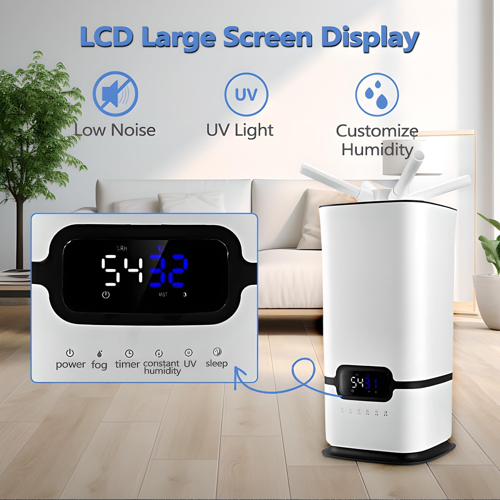 Nawilżacz ultradźwiękowy, regulowana kontrola wilgotności, maks. moc mgły 1500 ml/h, timer 1-12 godzin, 3 poziomy mgły, wyświetlacz LCD do domu, biura i wzrostu roślin