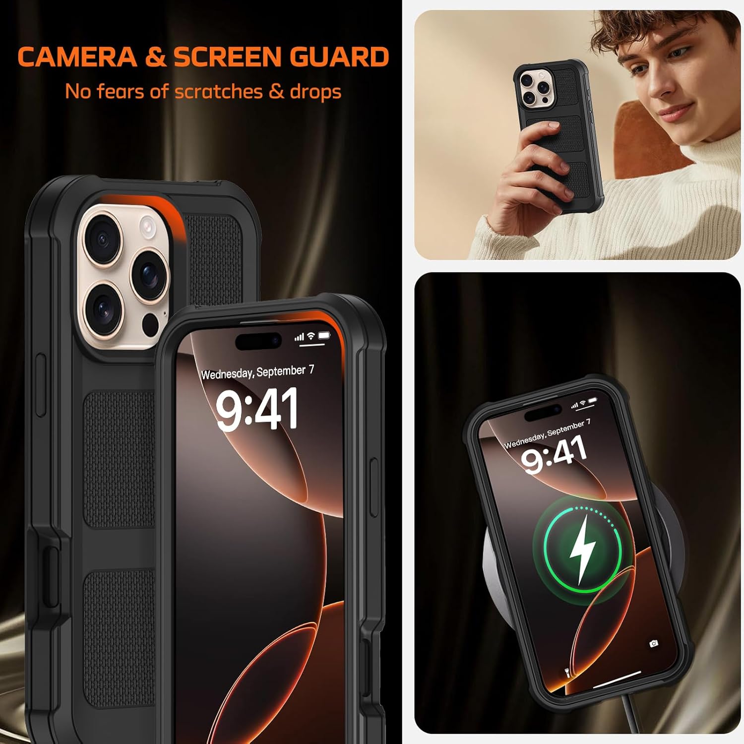 for iPhone 16 Pro Max Case with Belt Clip Holster,Anti-Drop Shockproof Bumper Phone Cases w/2x Screen Protectors & Kickstand,Rugged Heavy Duty Military Grade Protective Defender Cover (Black)