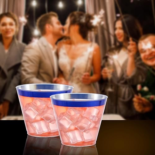 Miniatura 4 de DaYammi 120 vasos de plástico azul de 9 onzas desechables de plástico transparente para fiestas con borde azul, copas de vino desechables