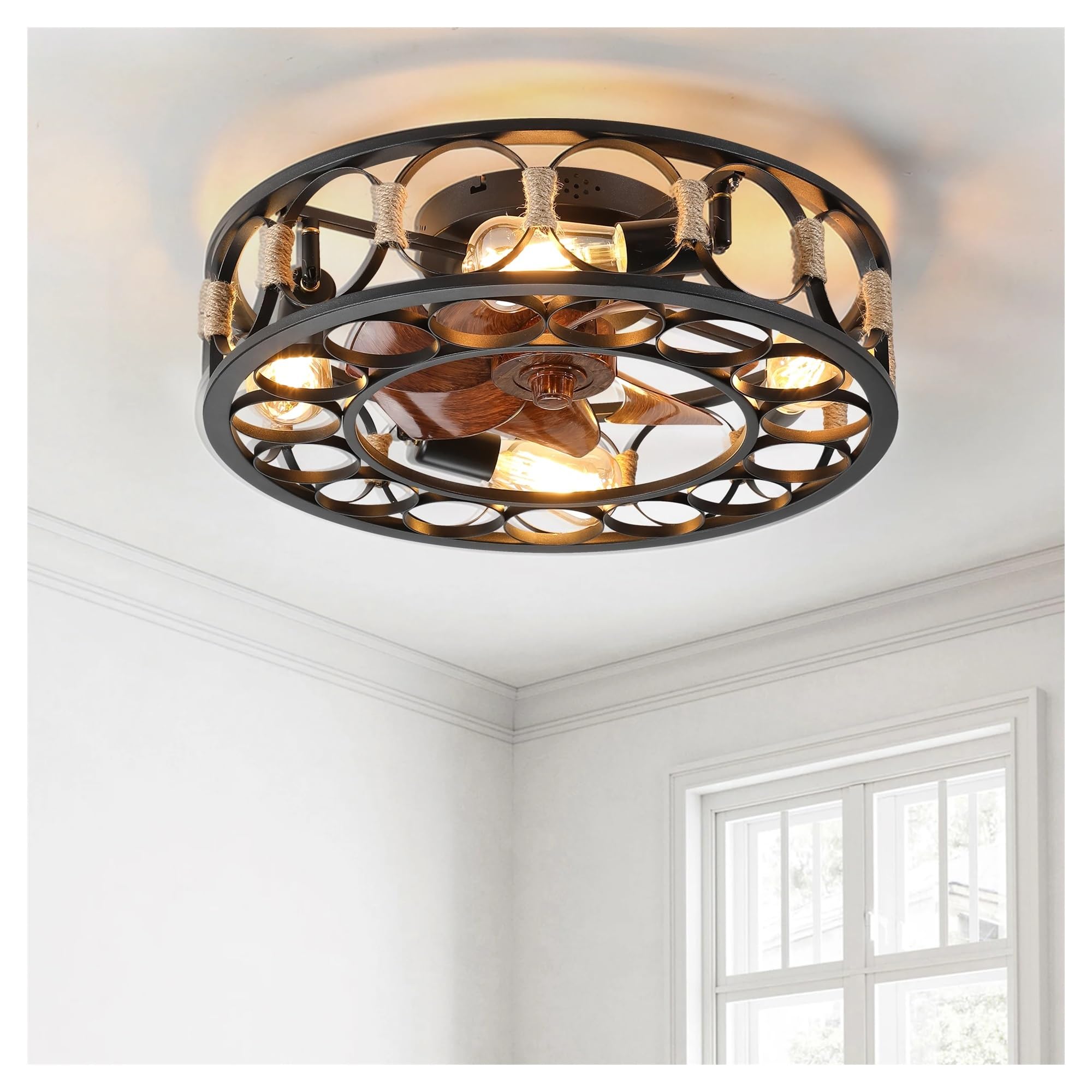 Genérico ARLGSITE Ventilador de techo enjaulado negro con luces y control remoto, ventiladores granja, aspas reversibles 6 velocidades, 5 bombillas incluidas