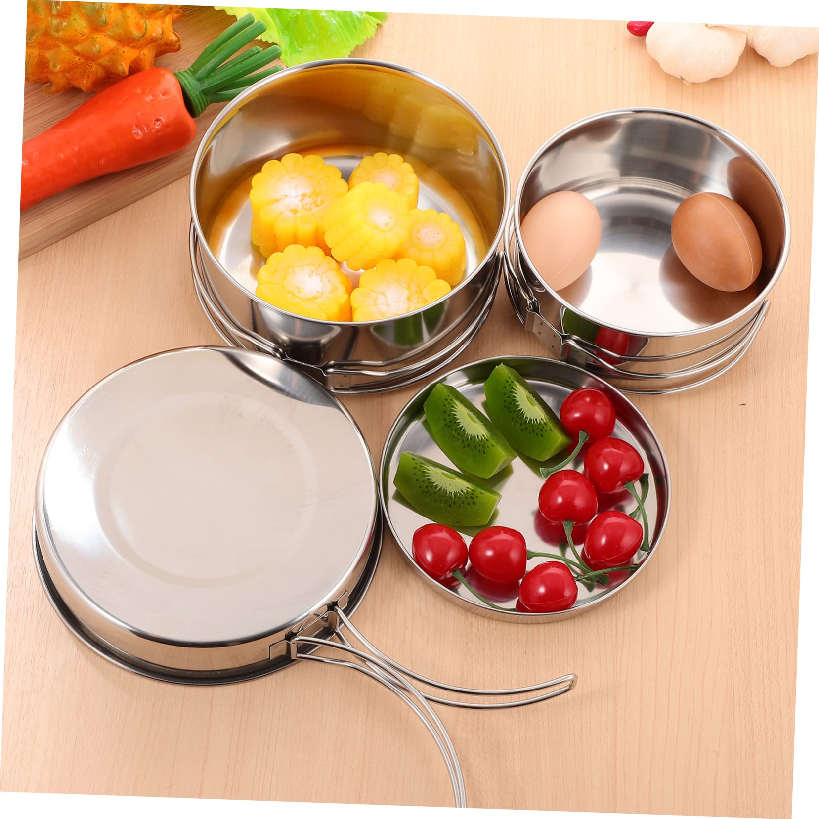 HEMOTON 4Pcs Camping Pot Pan Set Stackable Stainless Steel Non Stick Cookware for Outdoor Cooking Hiking and Picnics Durable Easy to Clean Multifunctional Cookware Set