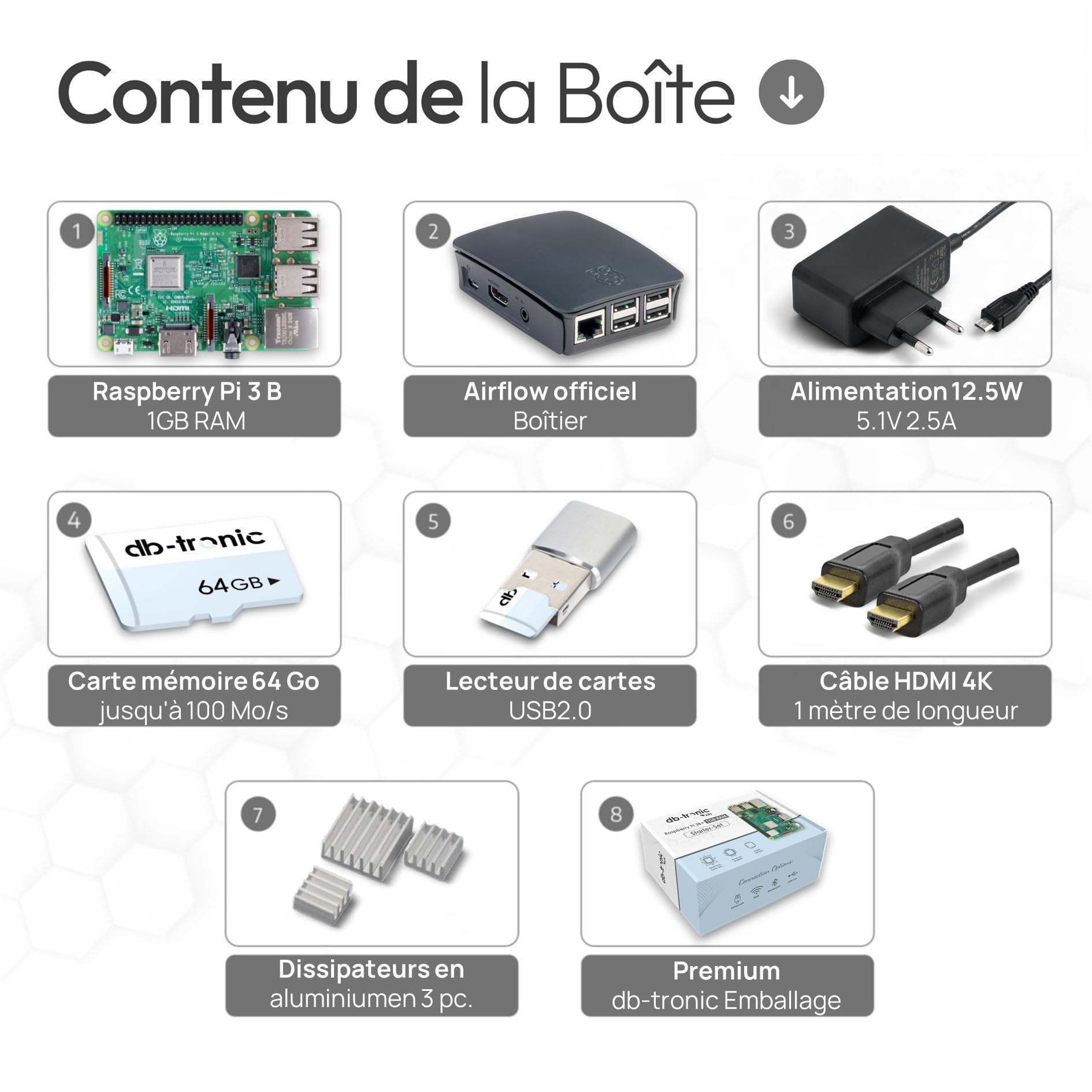 db-tronic Raspberry Pi 3 B 1 Go Starter Kit | Édition 64 Go | Alimentation | Boîtier | HDMI | Lecteur USB | Dissipateurs | idéal pour Home Assistant et Le Smart Home