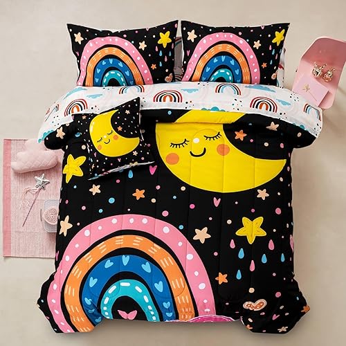 A Nice Night Juego de ropa de cama de 6 piezas de arcoíris de dibujos animados con luna sonriente impresa para niños y niñas, juegos de edredón para